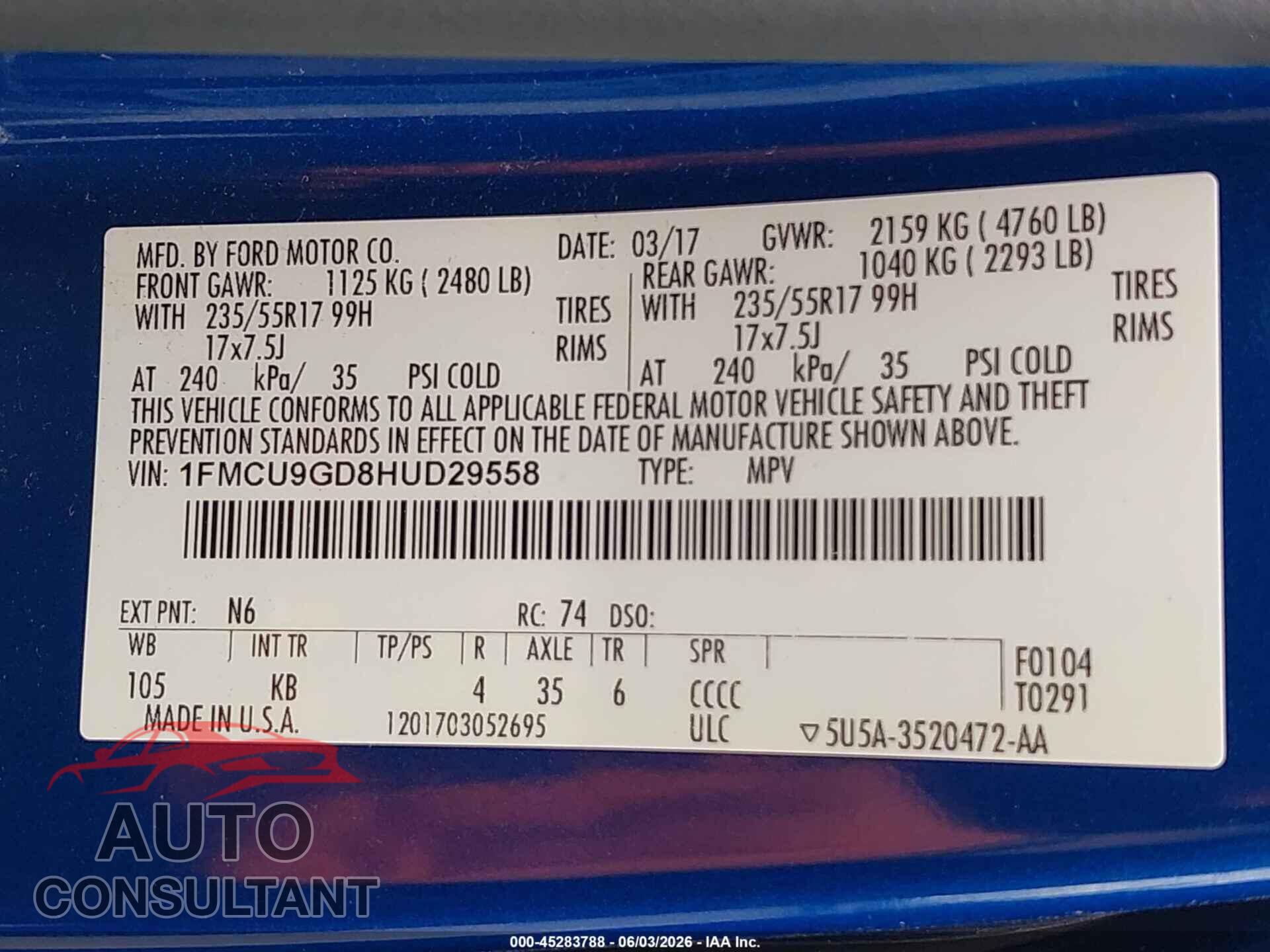 FORD ESCAPE 2017 - 1FMCU9GD8HUD29558