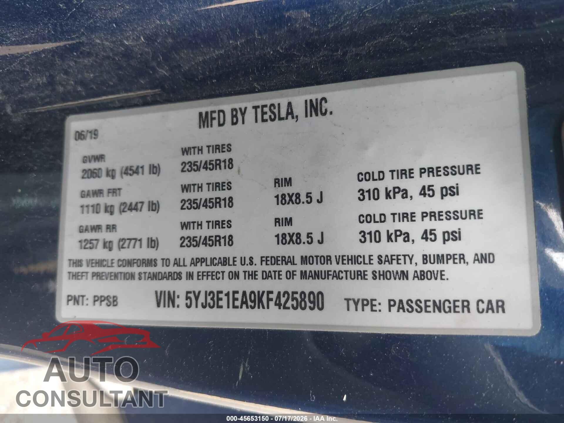 TESLA MODEL 3 2019 - 5YJ3E1EA9KF425890