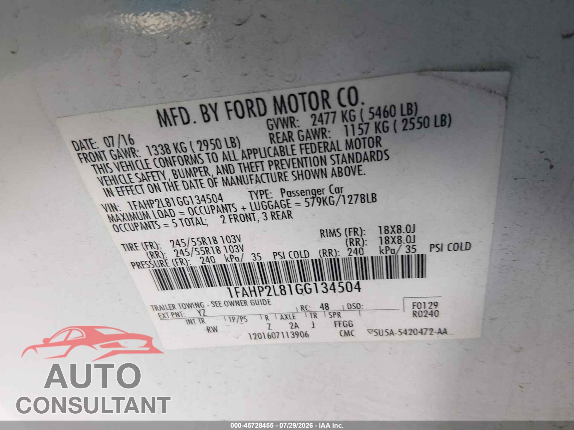 FORD TAURUS 2016 - 1FAHP2L81GG134504