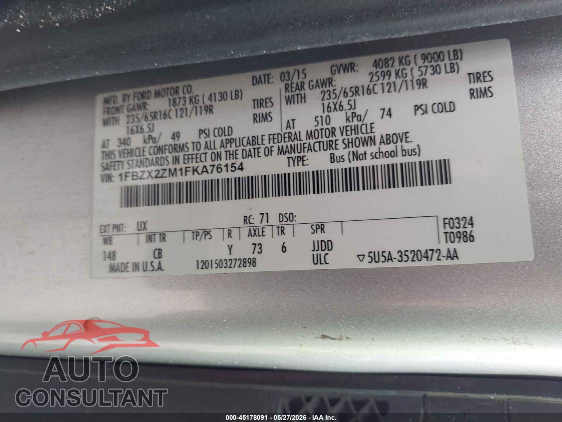 FORD TRANSIT-350 2015 - 1FBZX2ZM1FKA76154