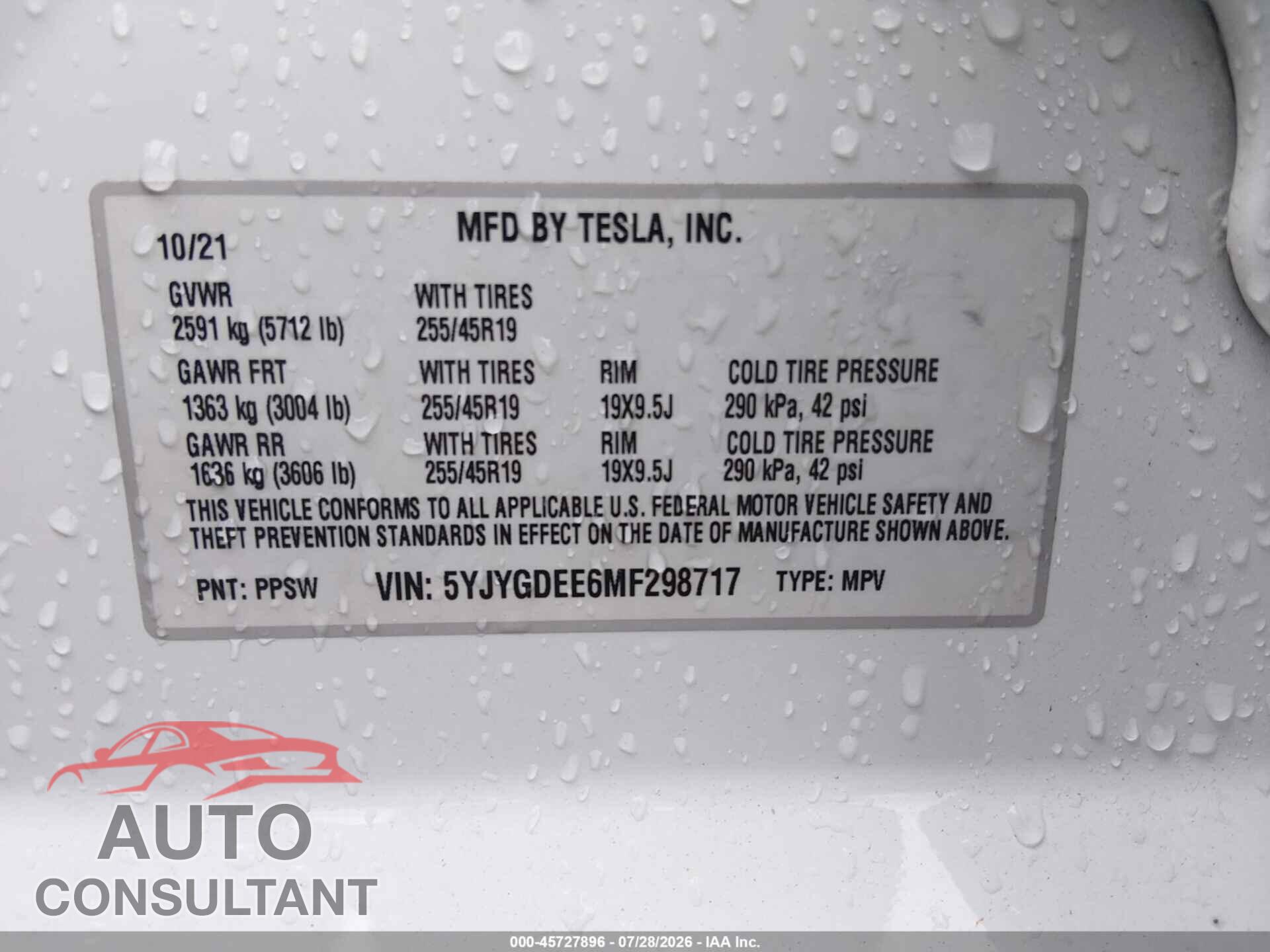 TESLA MODEL Y 2021 - 5YJYGDEE6MF298717