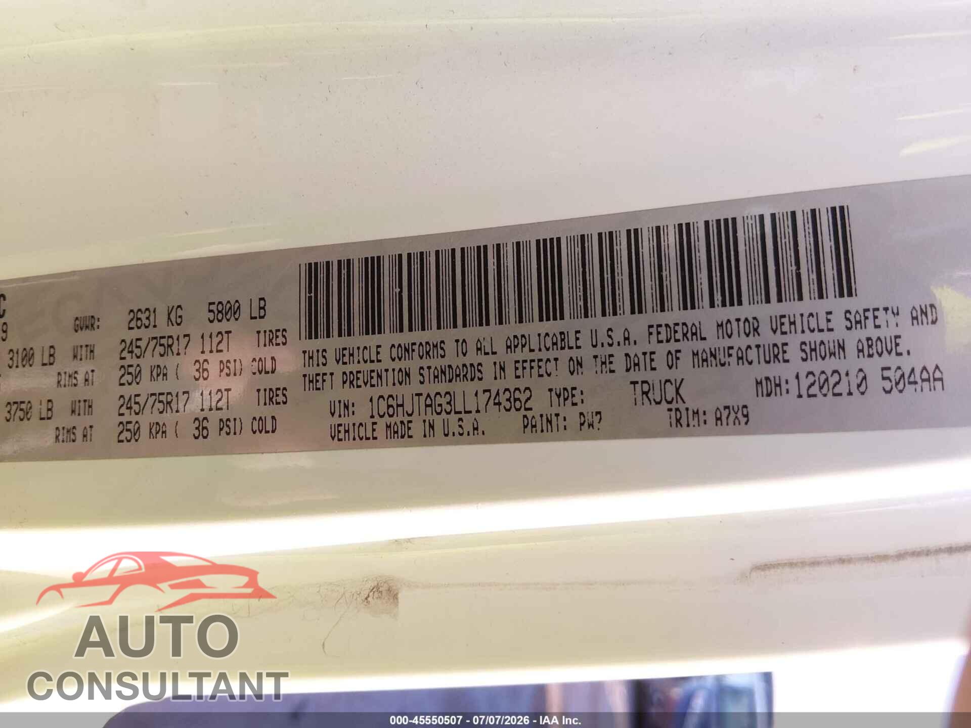 JEEP GLADIATOR 2020 - 1C6HJTAG3LL174362