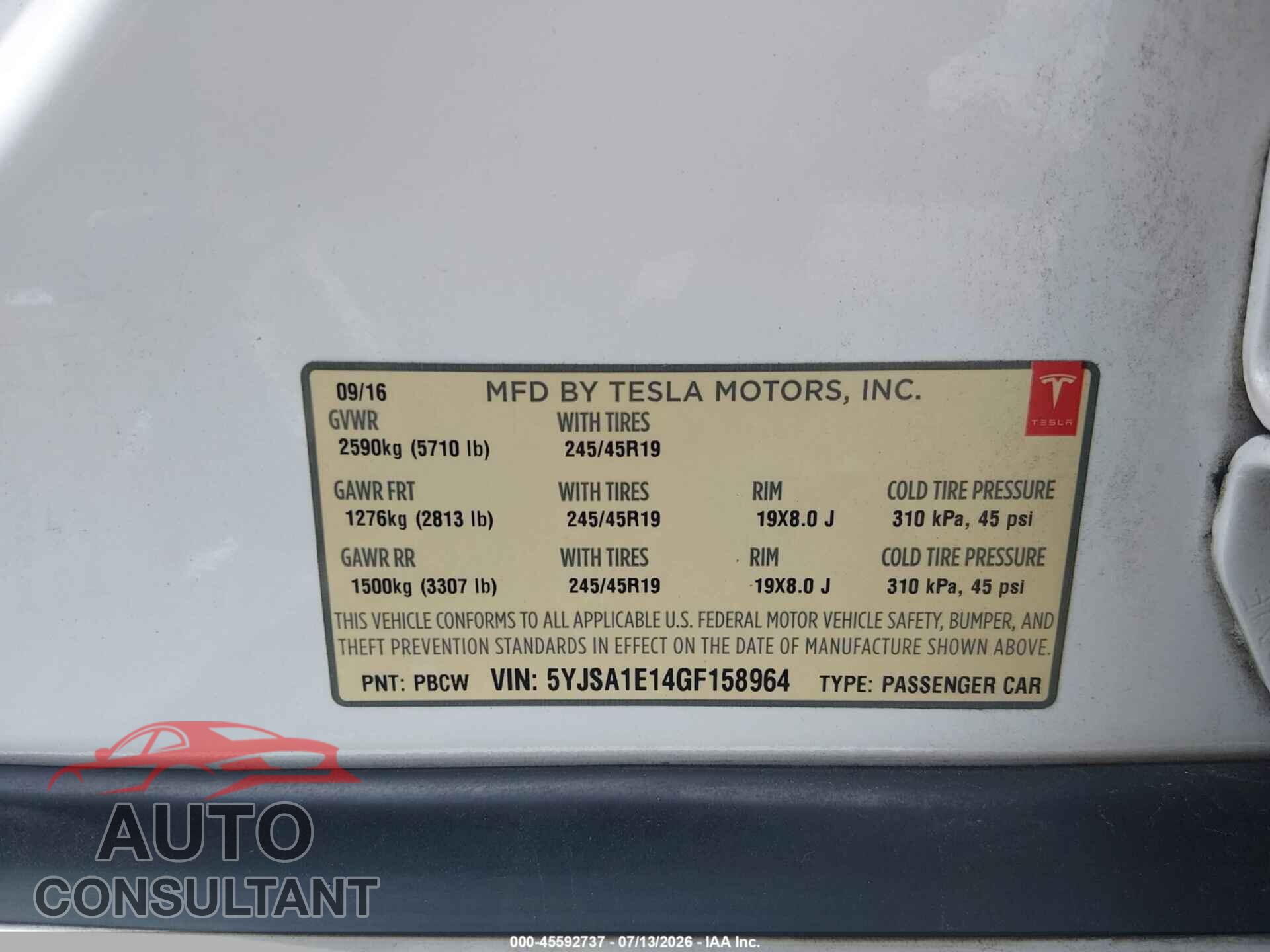 TESLA MODEL S 2016 - 5YJSA1E14GF158964