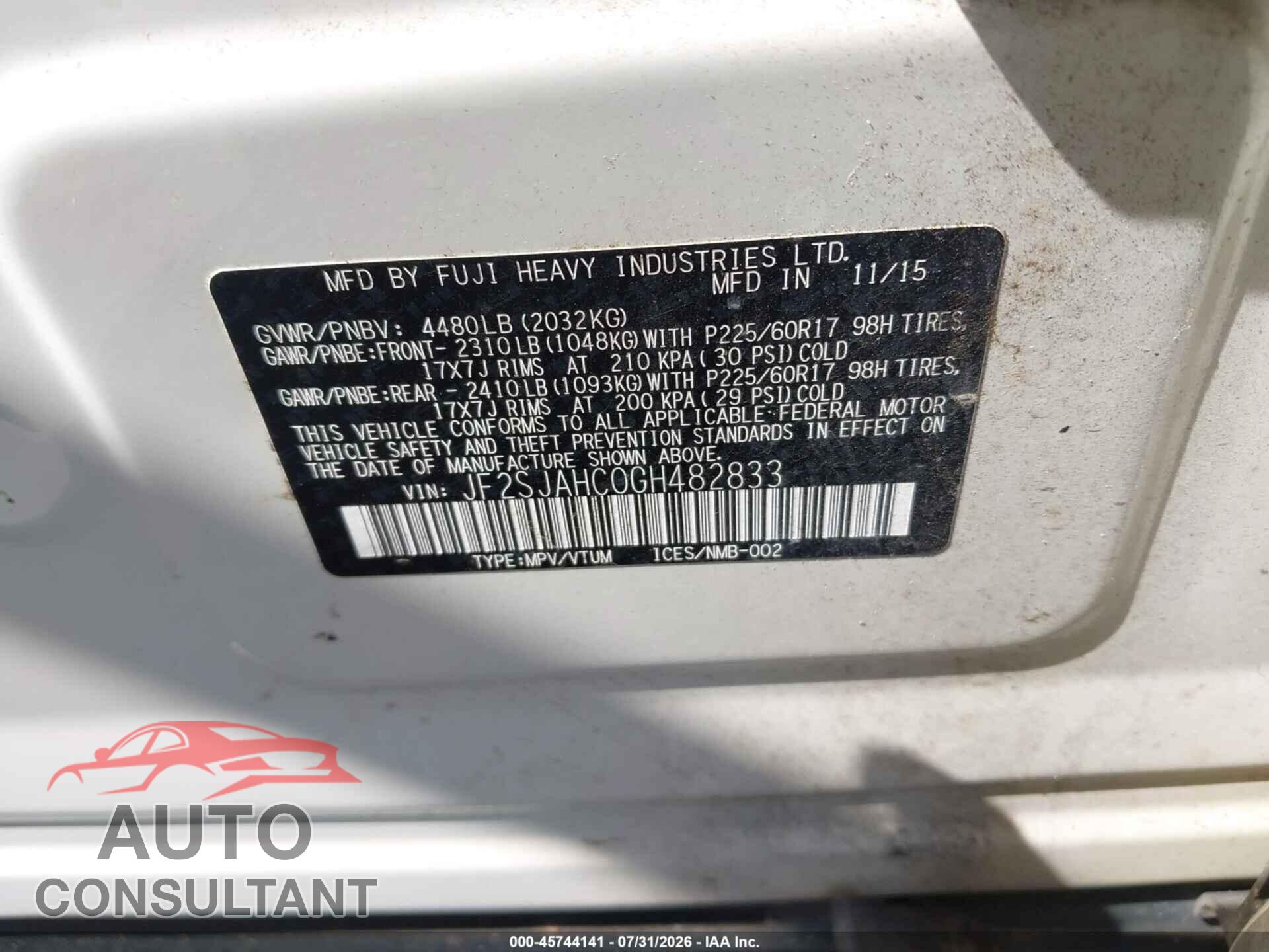 SUBARU FORESTER 2016 - JF2SJAHC0GH482833