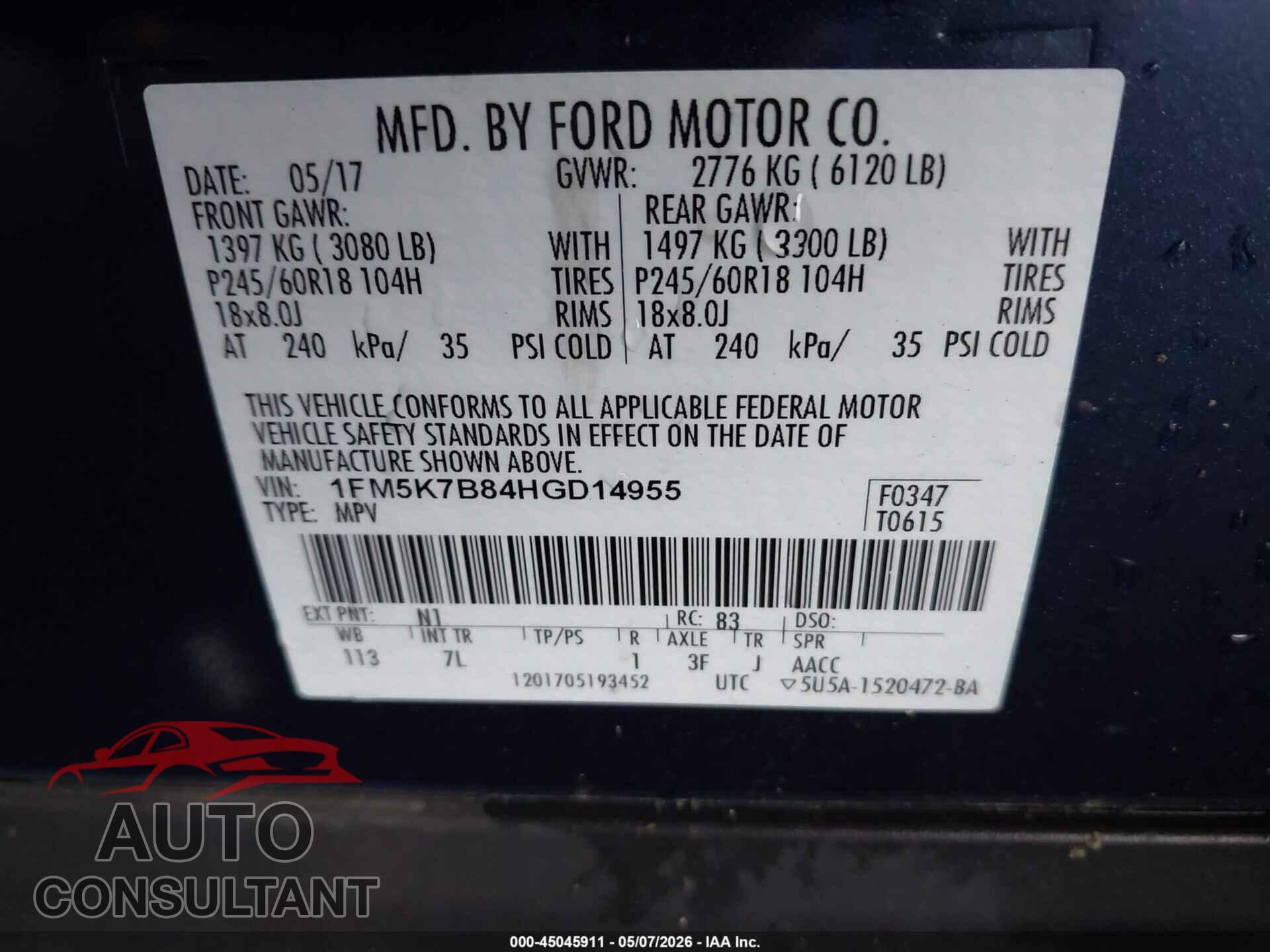 FORD EXPLORER 2017 - 1FM5K7B84HGD14955