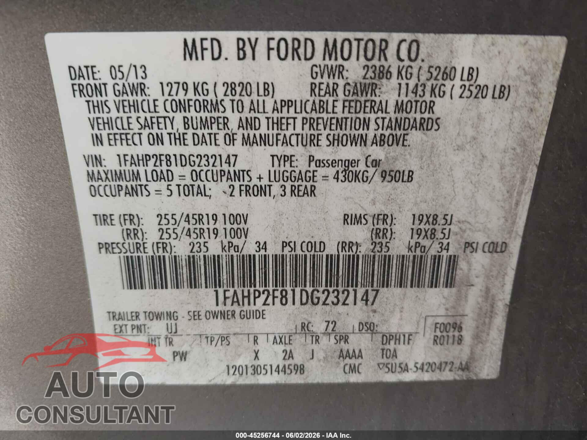 FORD TAURUS 2013 - 1FAHP2F81DG232147