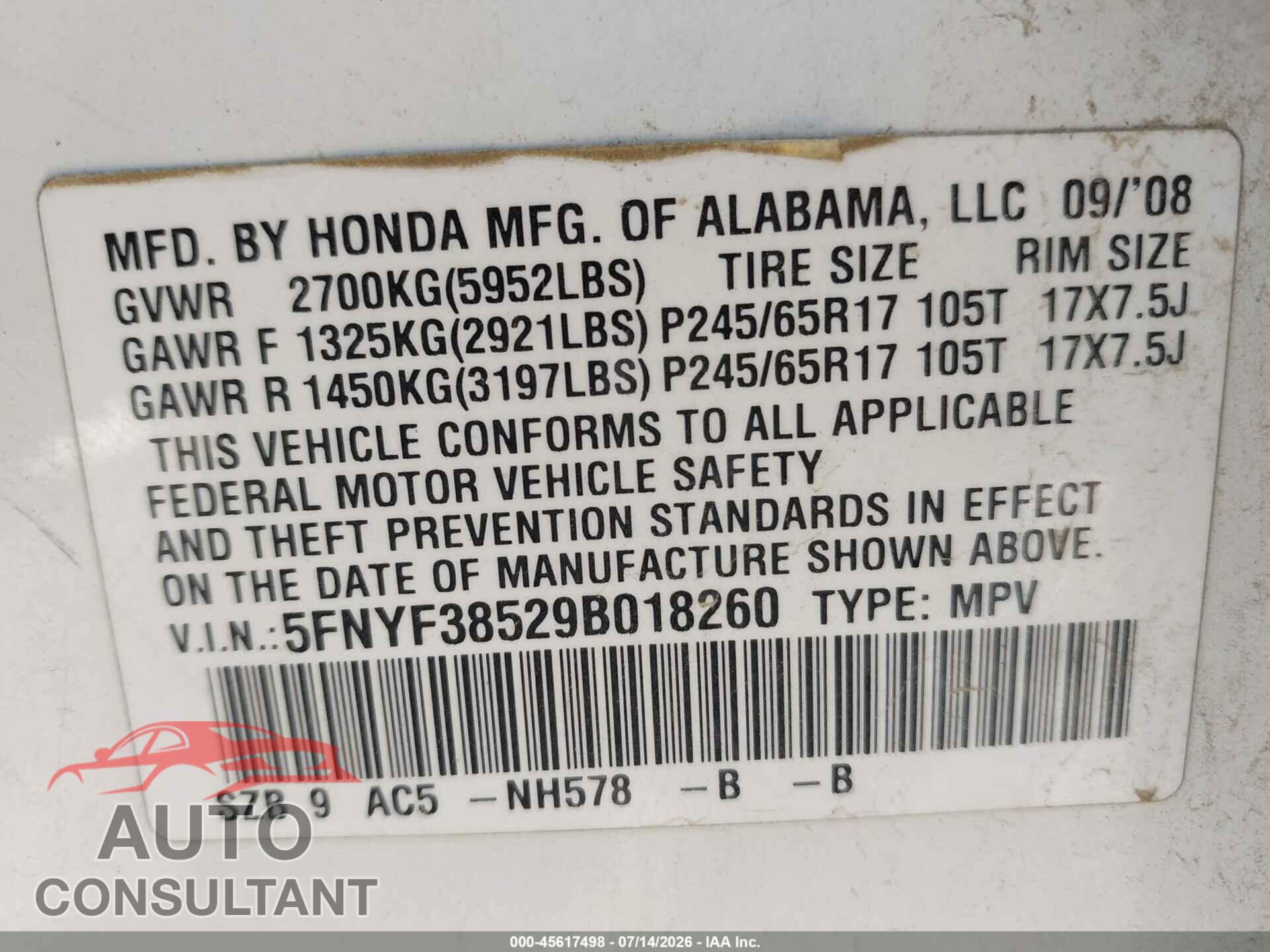 HONDA PILOT 2009 - 5FNYF38529B018260