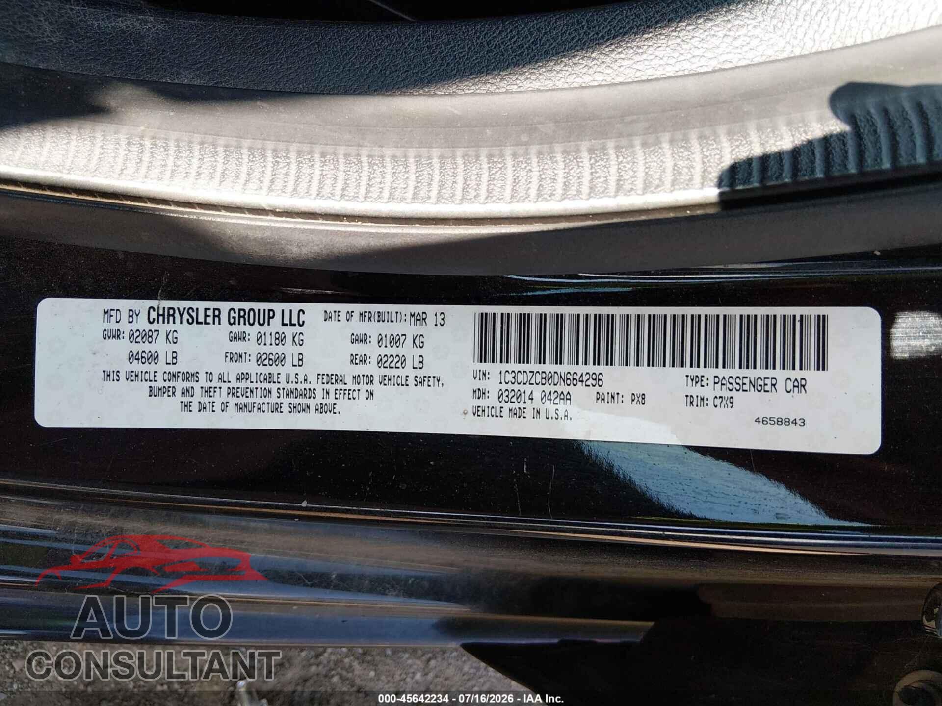 DODGE AVENGER 2013 - 1C3CDZCB0DN664296
