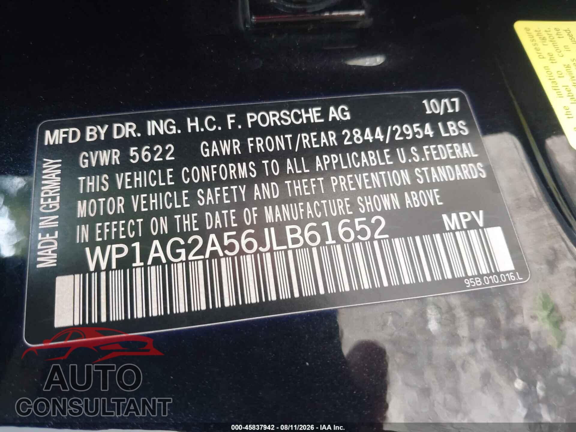 PORSCHE MACAN 2018 - WP1AG2A56JLB61652