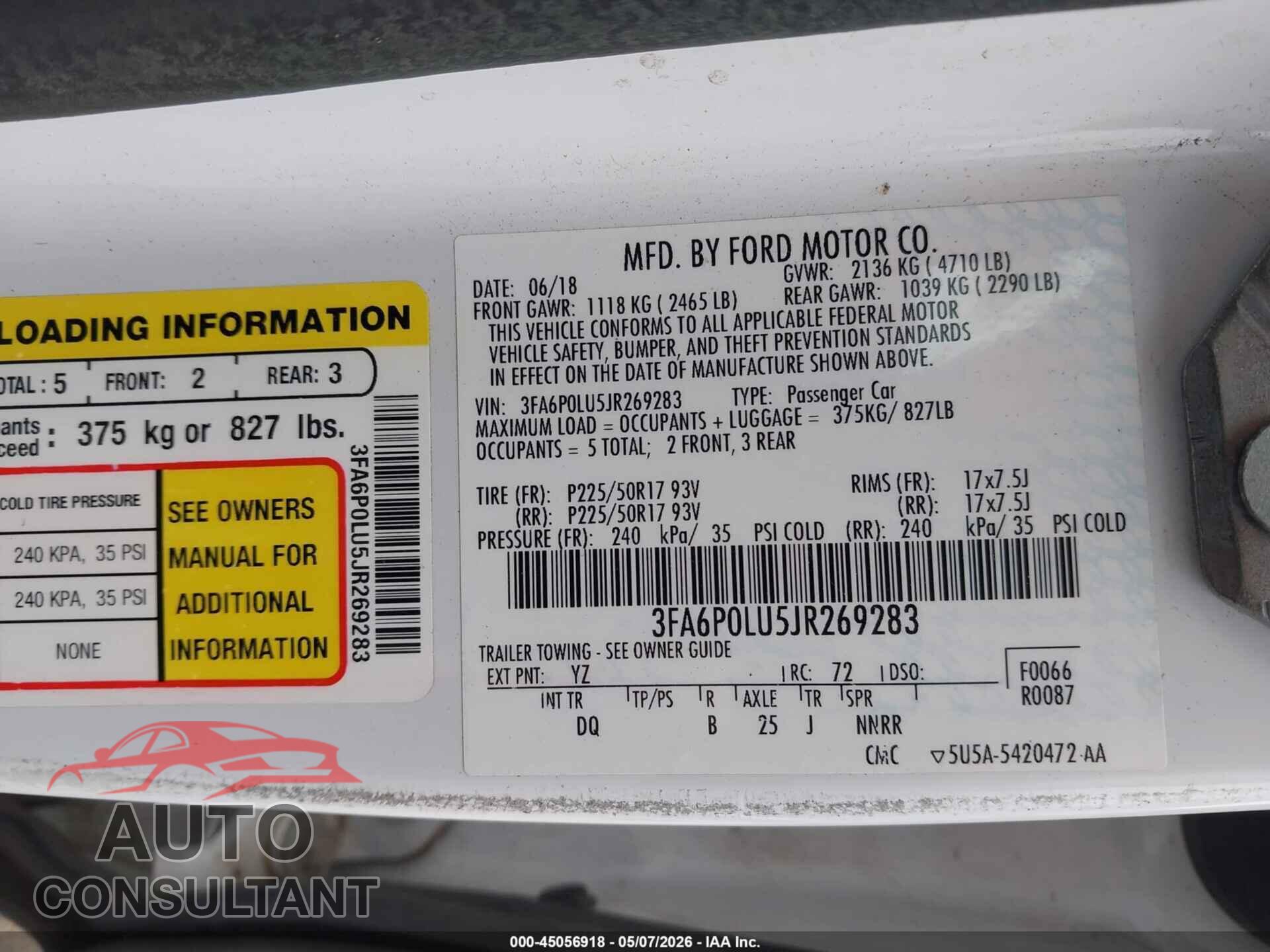 FORD FUSION HYBRID 2018 - 3FA6P0LU5JR269283