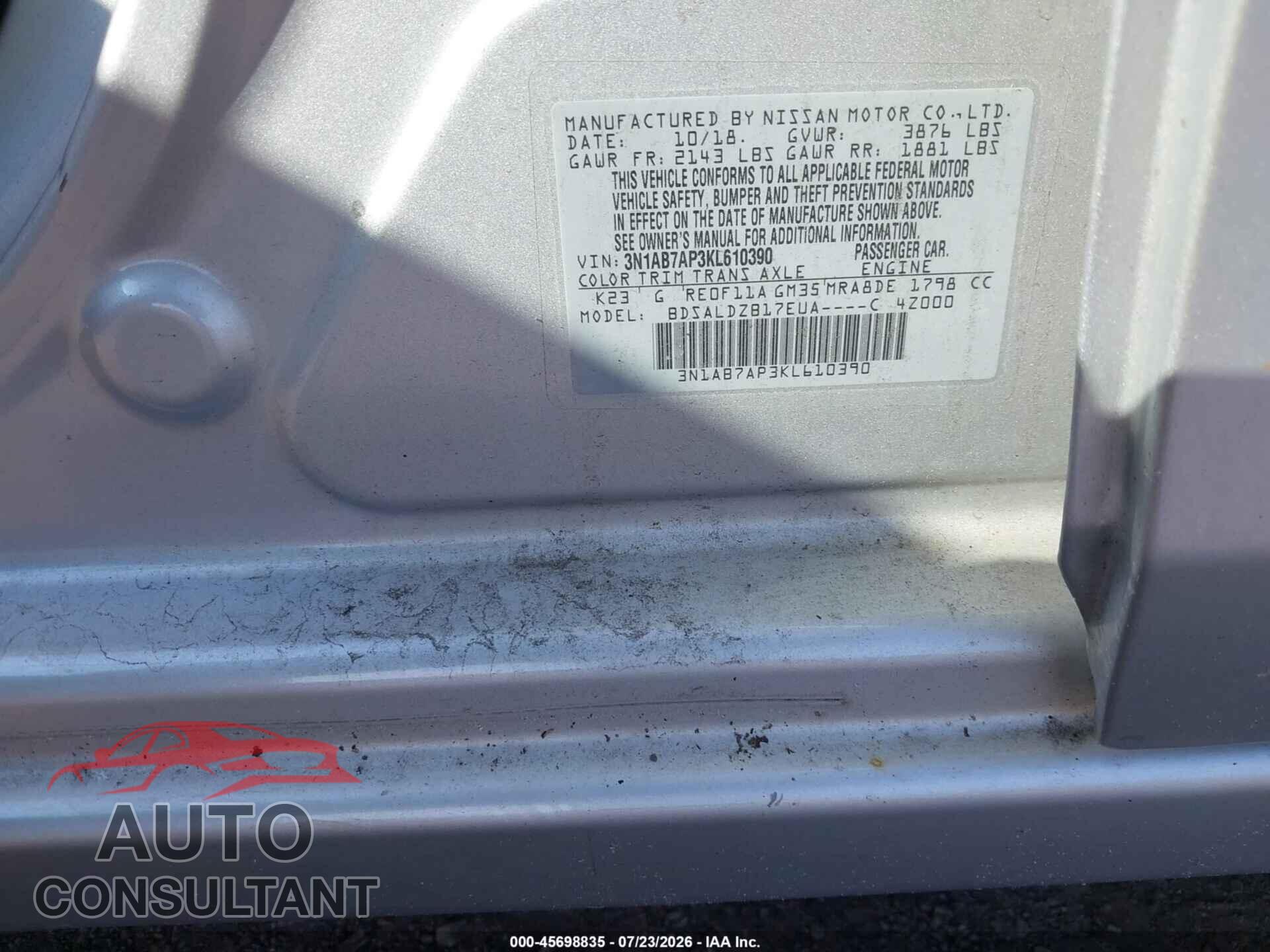 NISSAN SENTRA 2019 - 3N1AB7AP3KL610390