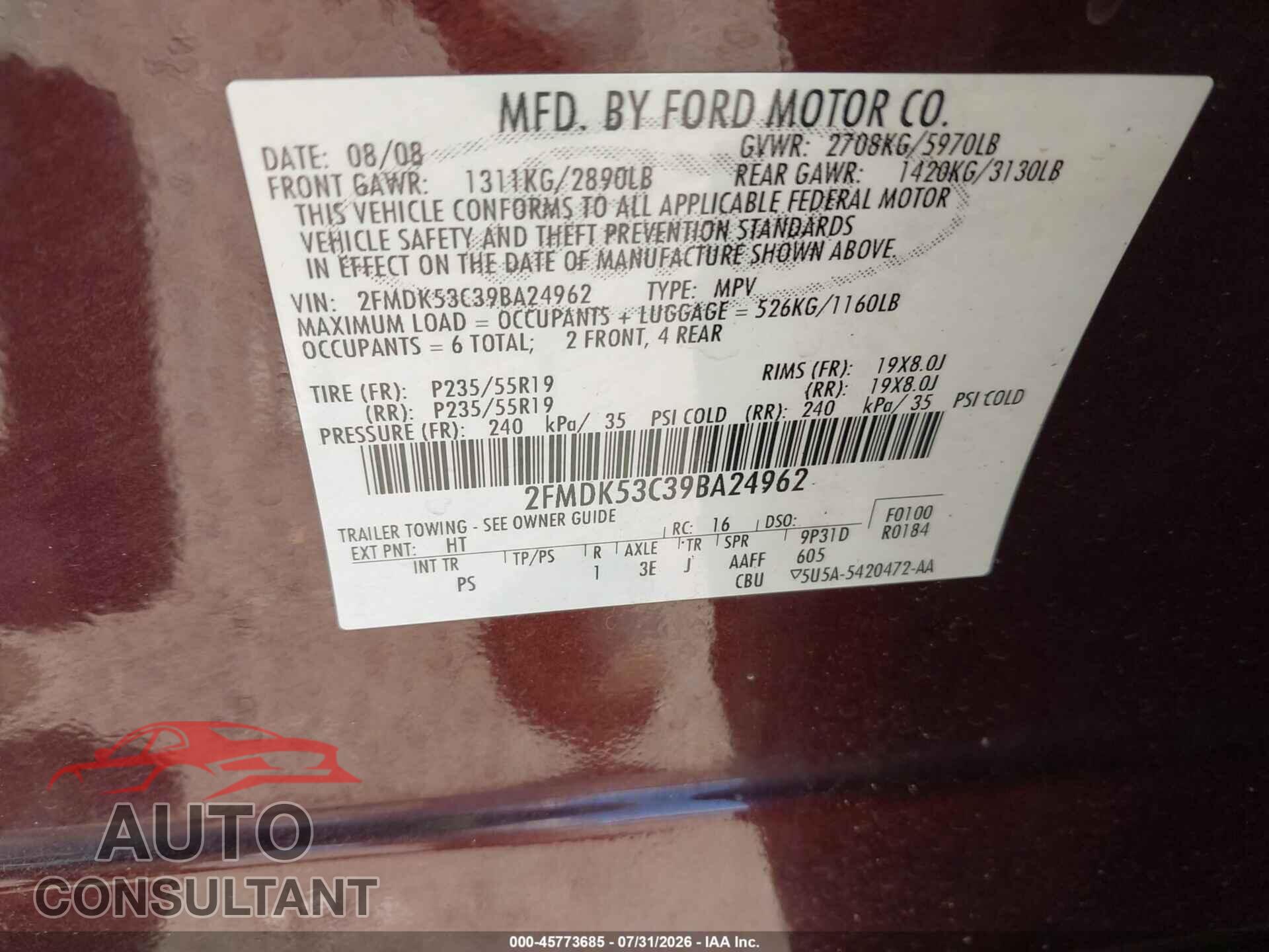 FORD FLEX 2009 - 2FMDK53C39BA24962