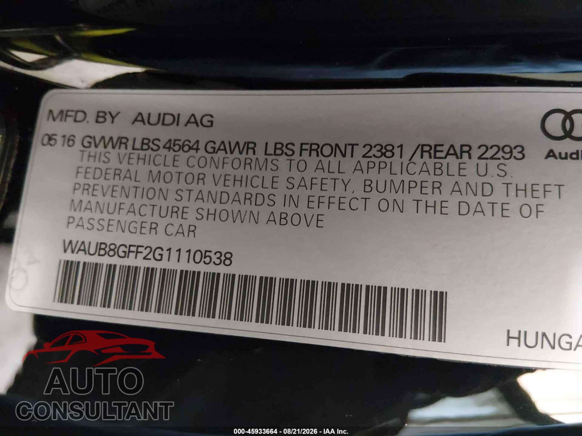 AUDI A3 2016 - WAUB8GFF2G1110538