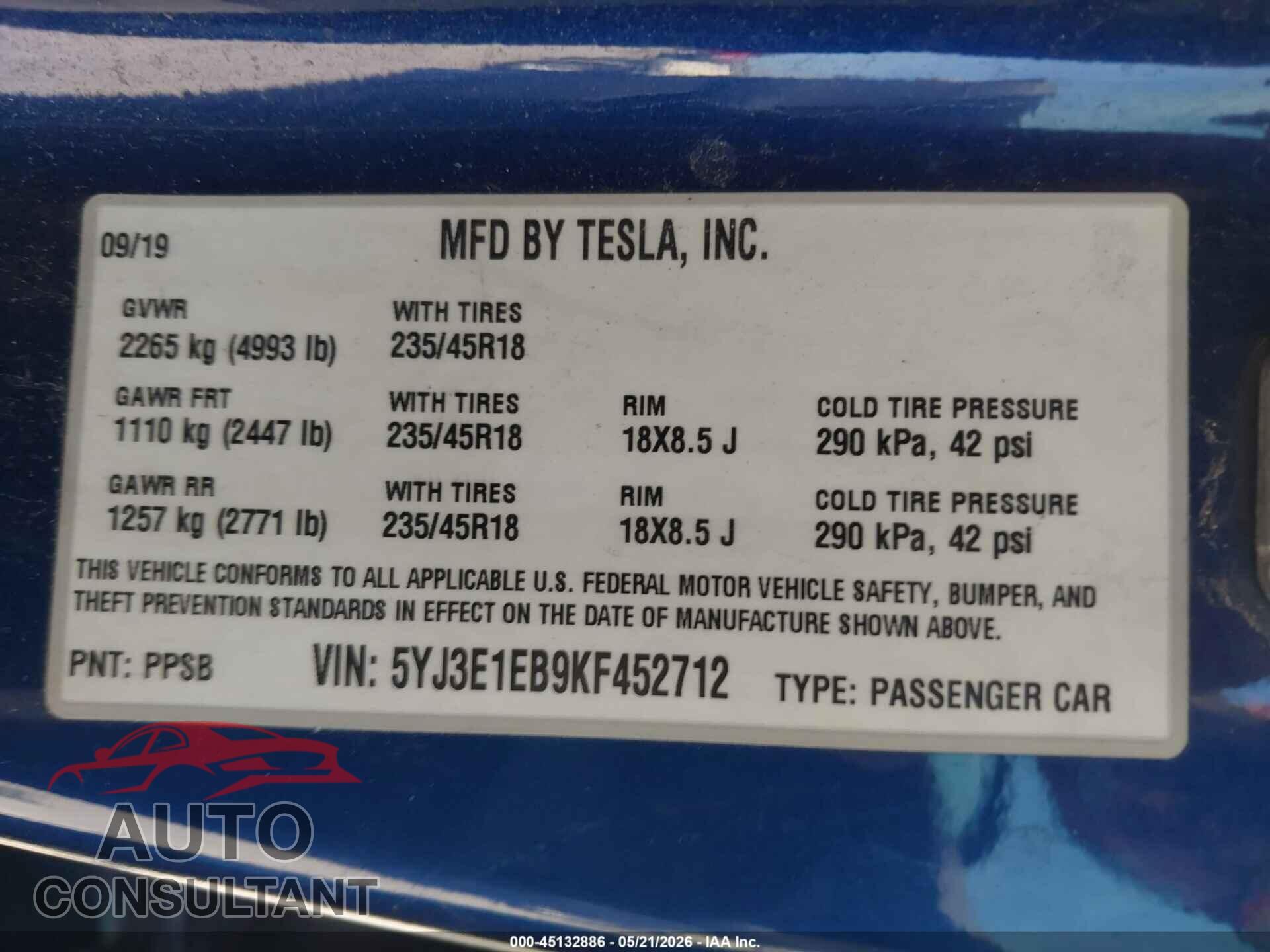 TESLA MODEL 3 2019 - 5YJ3E1EB9KF452712
