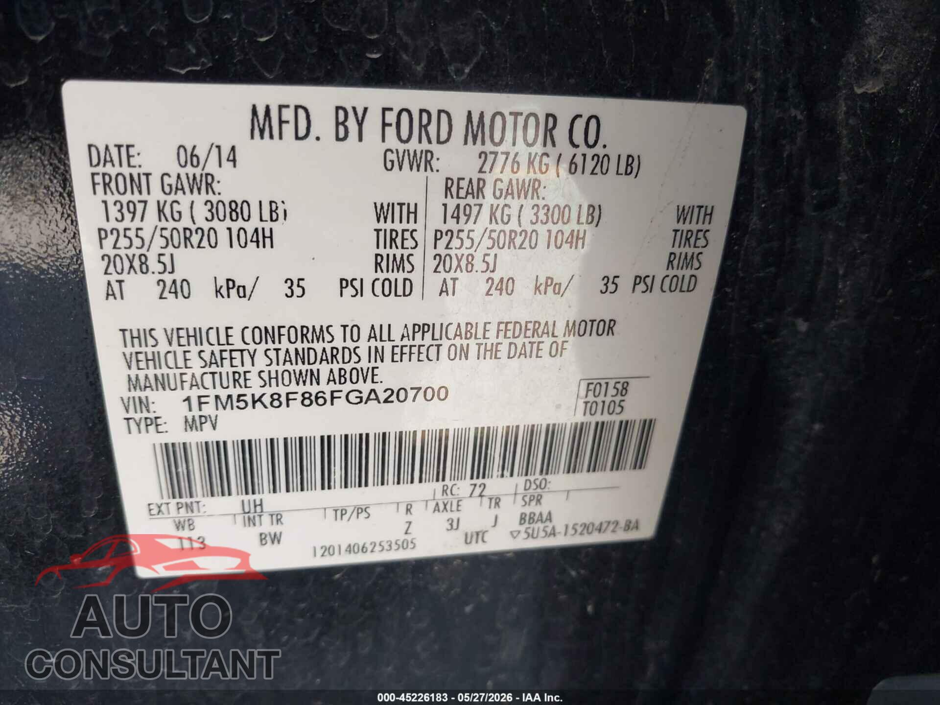 FORD EXPLORER 2015 - 1FM5K8F86FGA20700