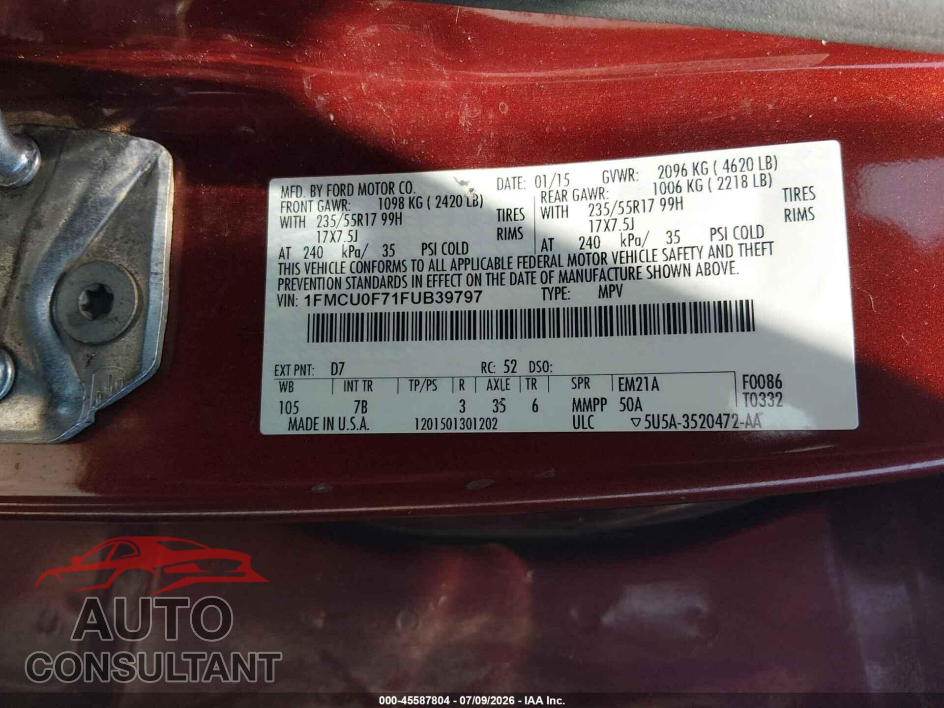 FORD ESCAPE 2015 - 1FMCU0F71FUB39797