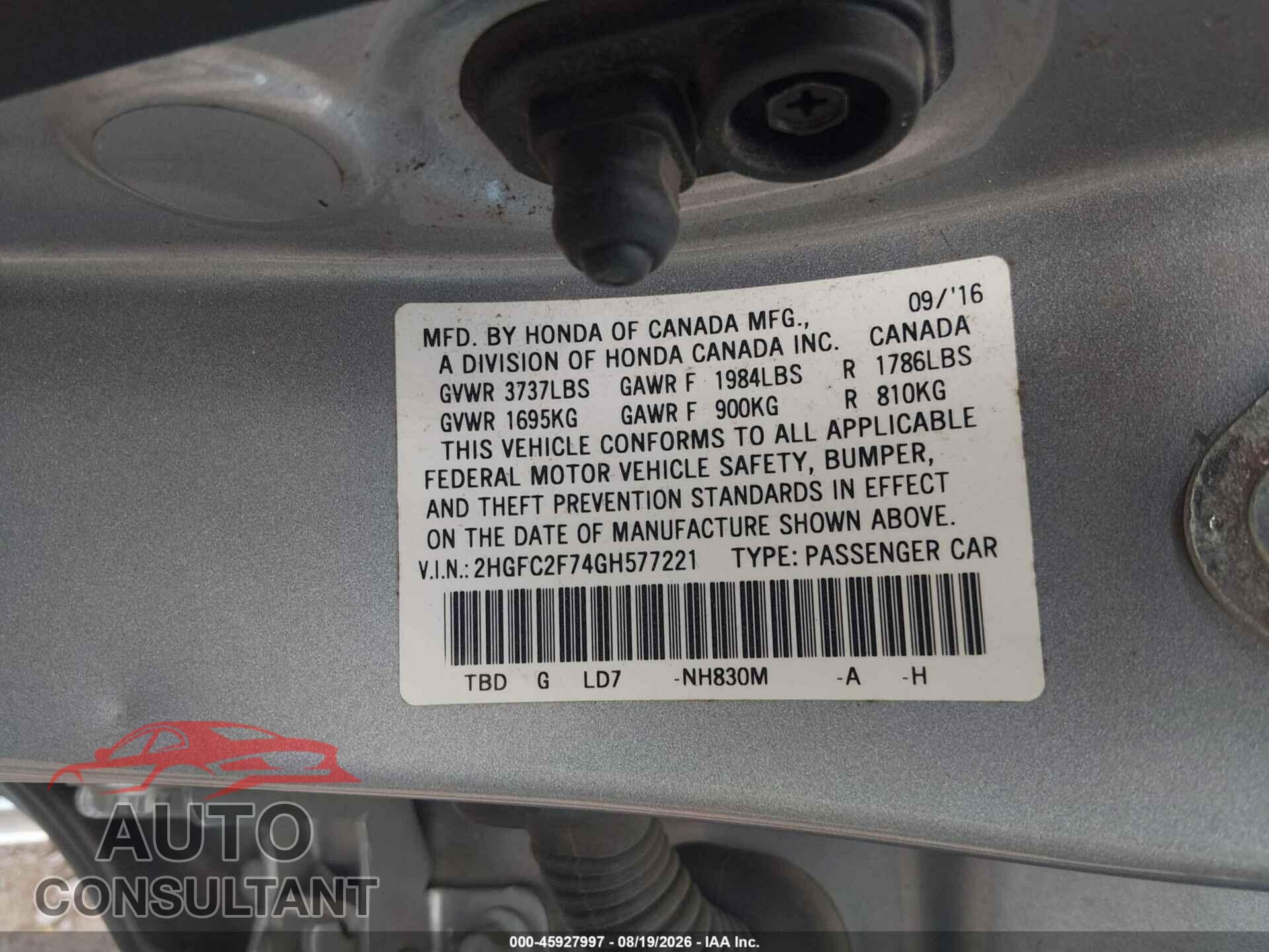 HONDA CIVIC 2016 - 2HGFC2F74GH577221