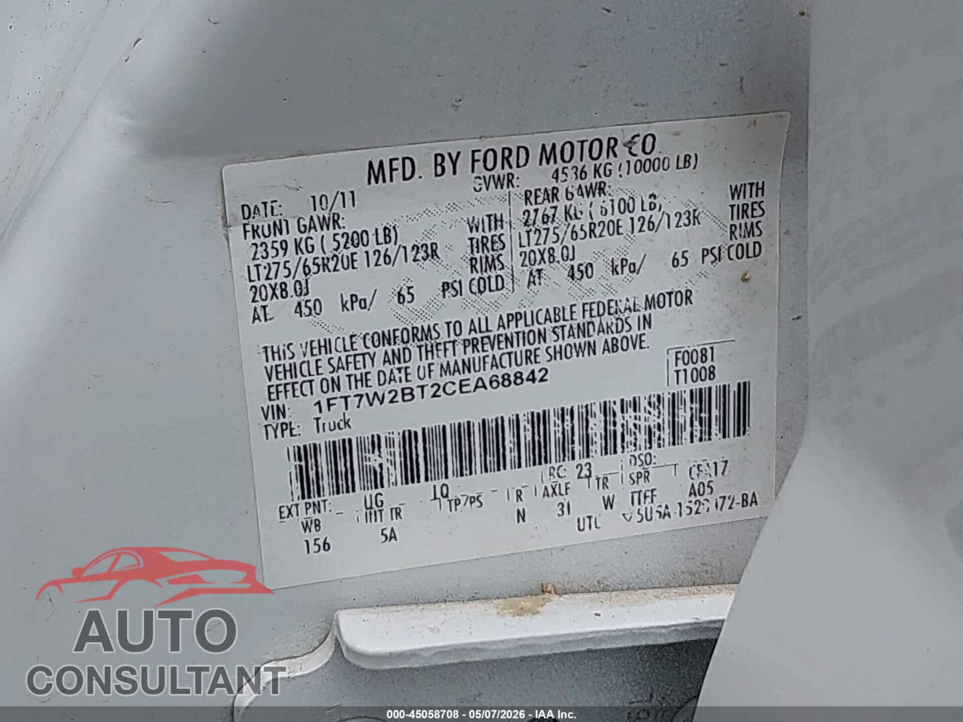 FORD F-250 2012 - 1FT7W2BT2CEA68842