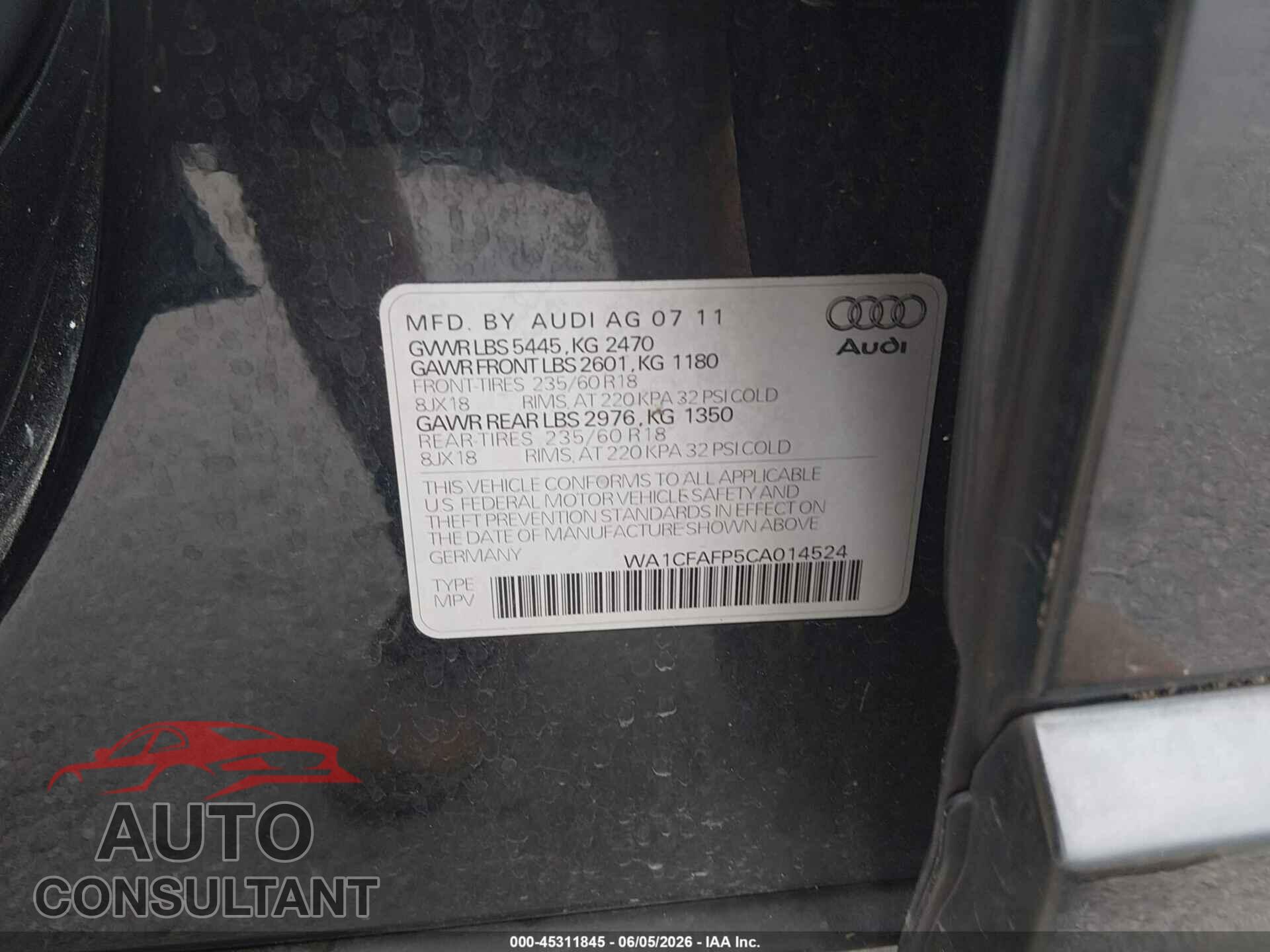 AUDI Q5 2012 - WA1CFAFP5CA014524