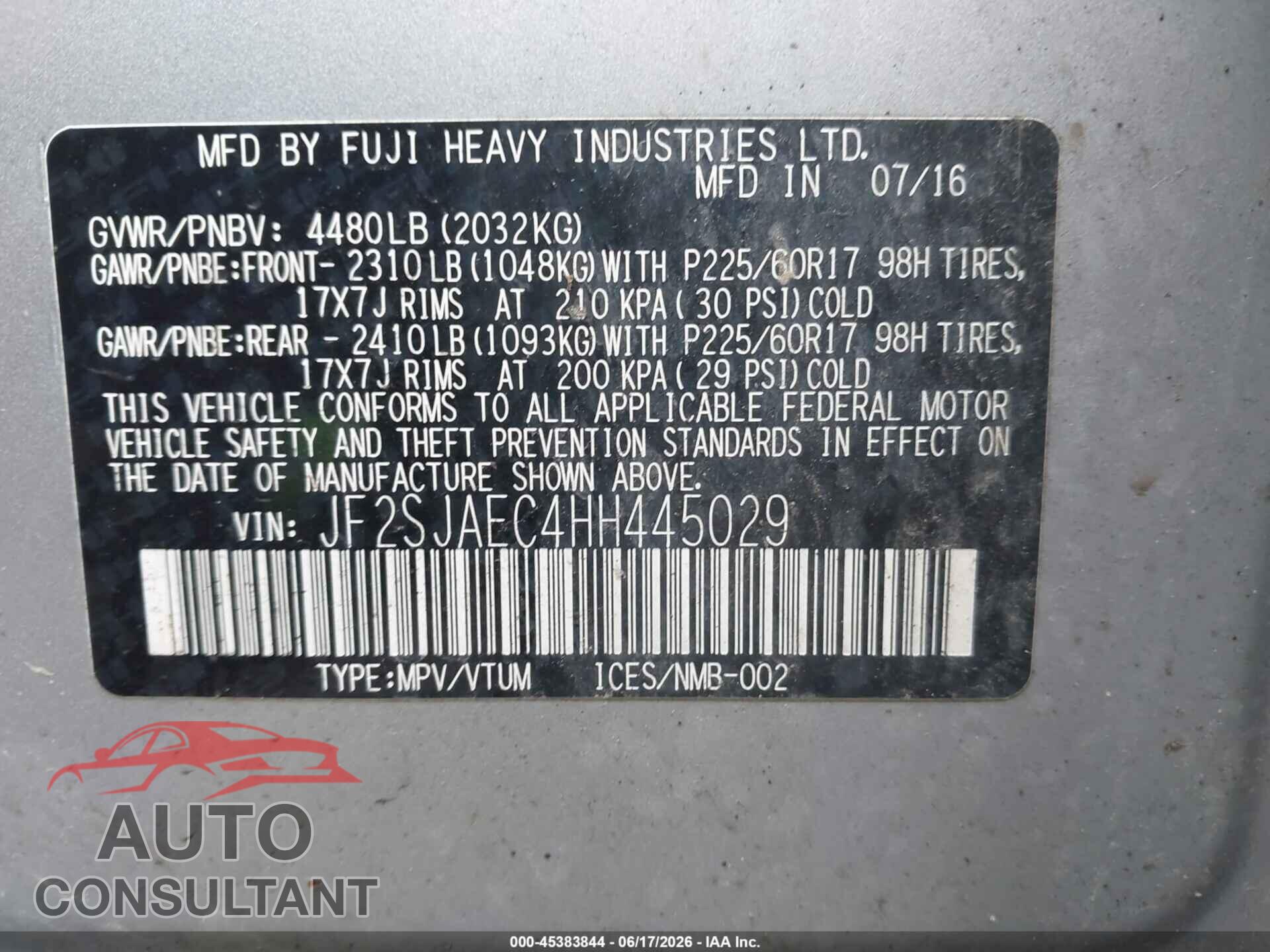 SUBARU FORESTER 2017 - JF2SJAEC4HH445029