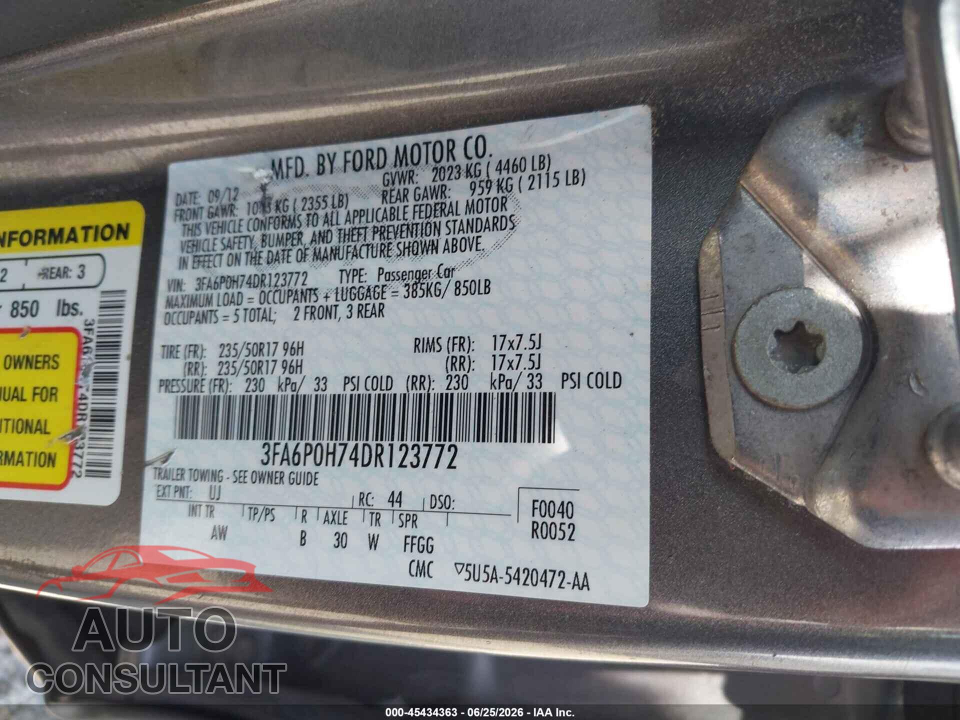 FORD FUSION 2013 - 3FA6P0H74DR123772