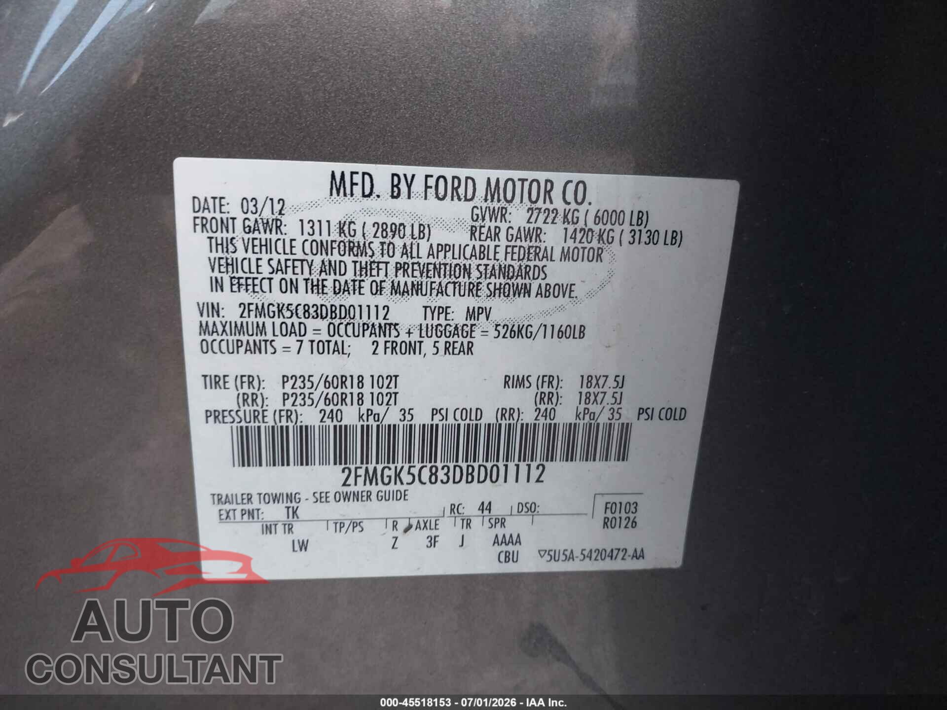 FORD FLEX 2013 - 2FMGK5C83DBD01112