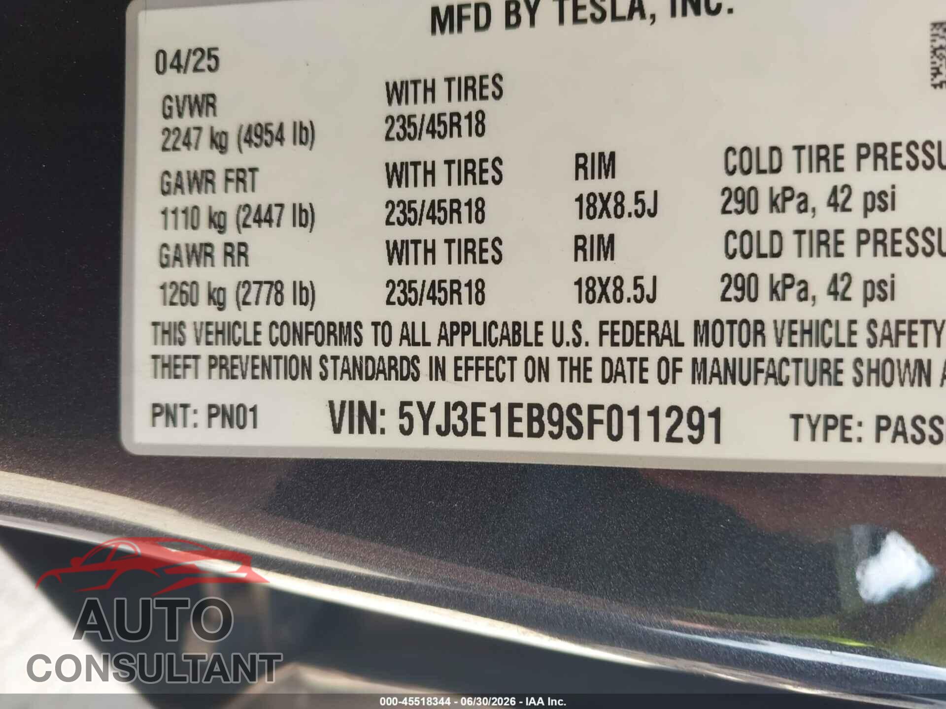 TESLA MODEL 3 2025 - 5YJ3E1EB9SF011291