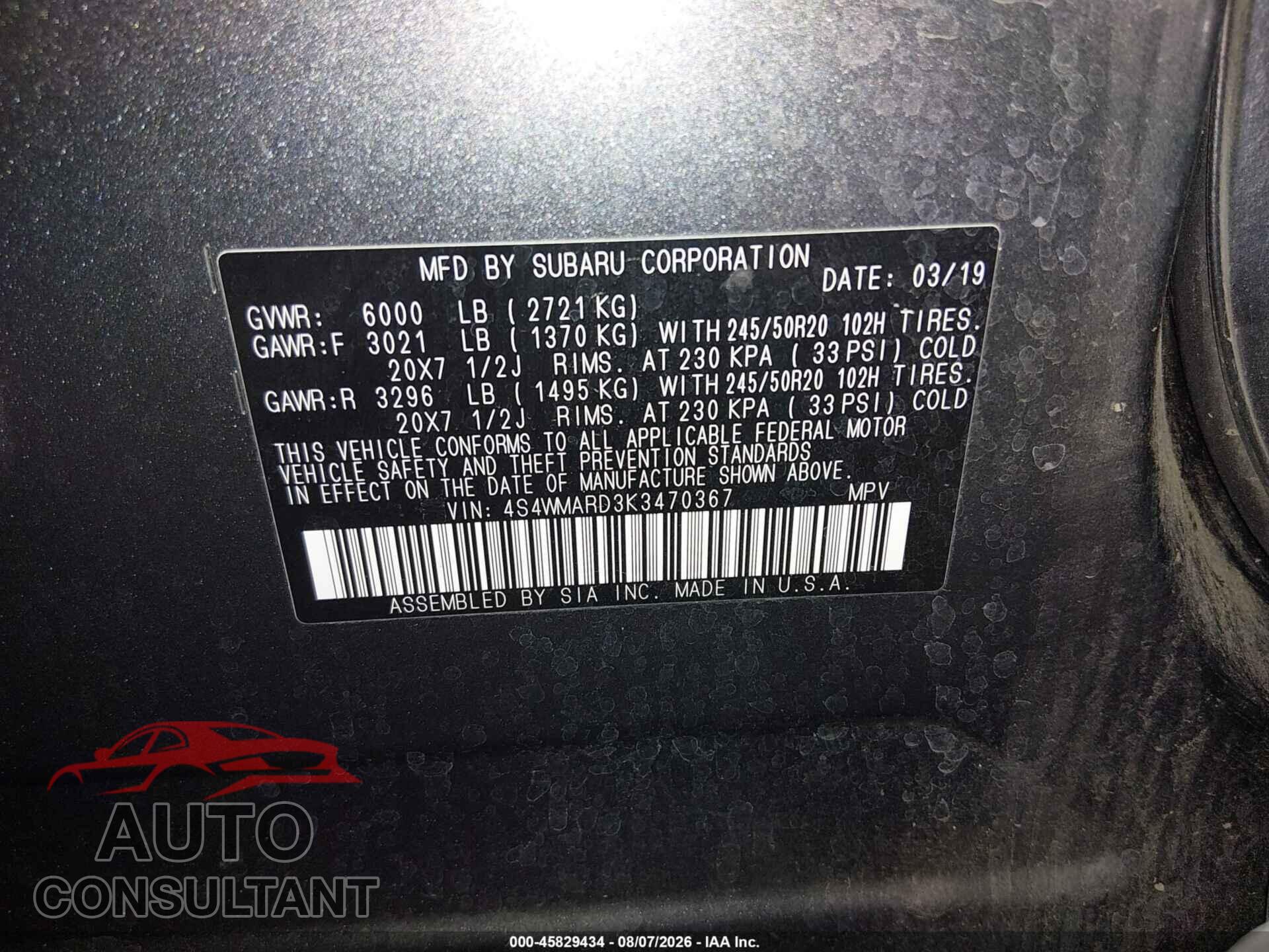 SUBARU ASCENT 2019 - 4S4WMARD3K3470367