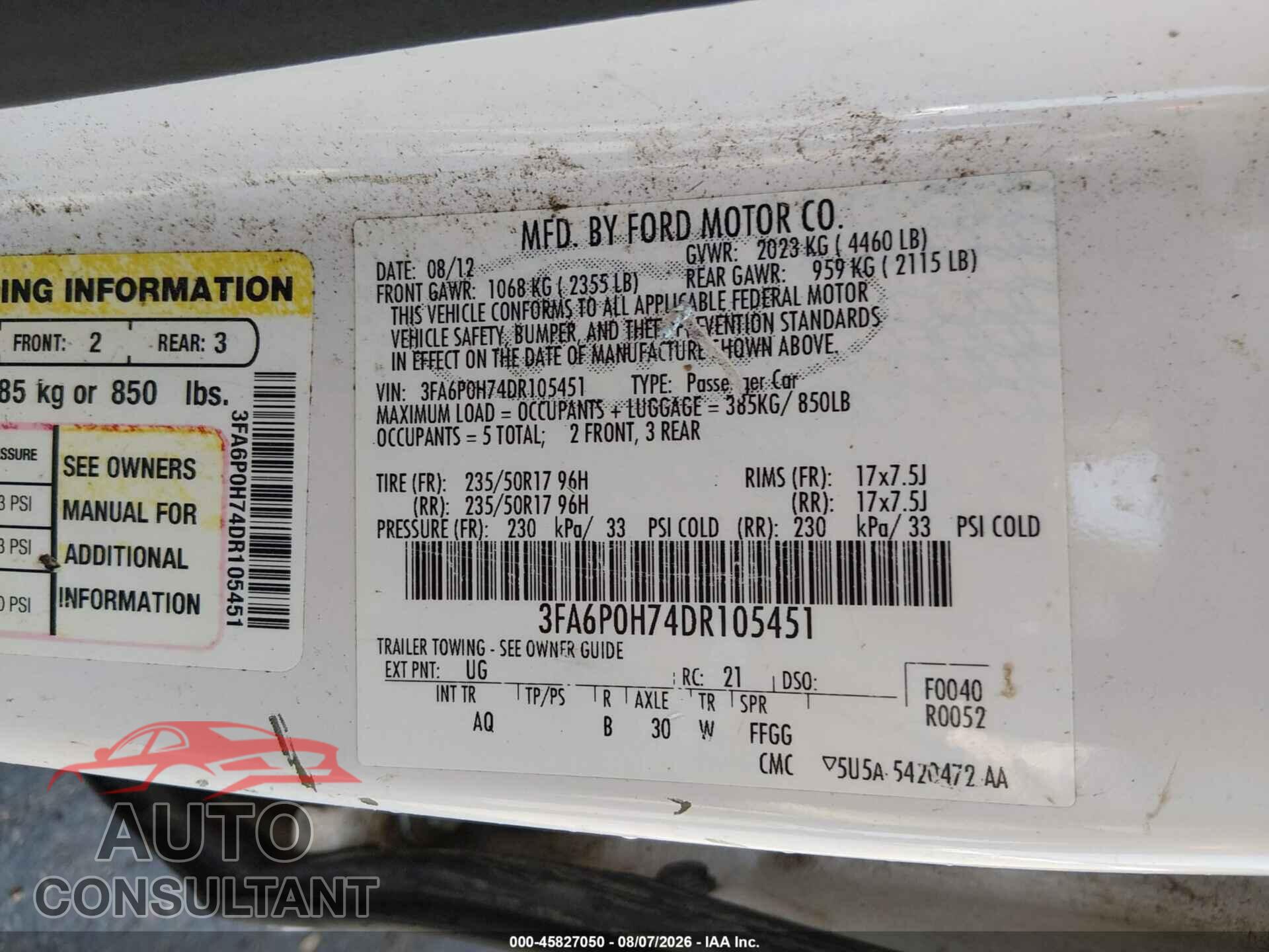 FORD FUSION 2013 - 3FA6P0H74DR105451
