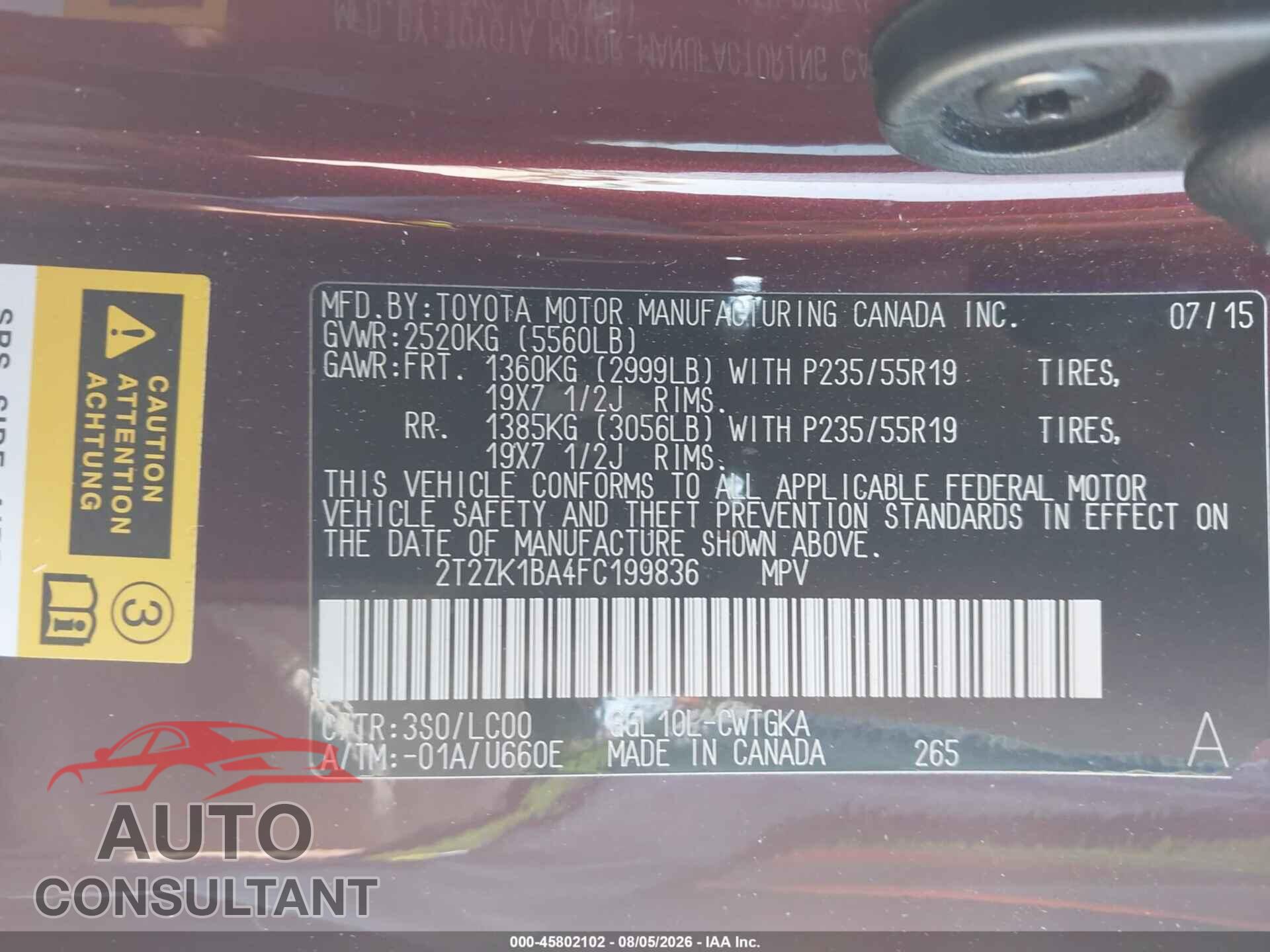 LEXUS RX 350 2015 - 2T2ZK1BA4FC199836