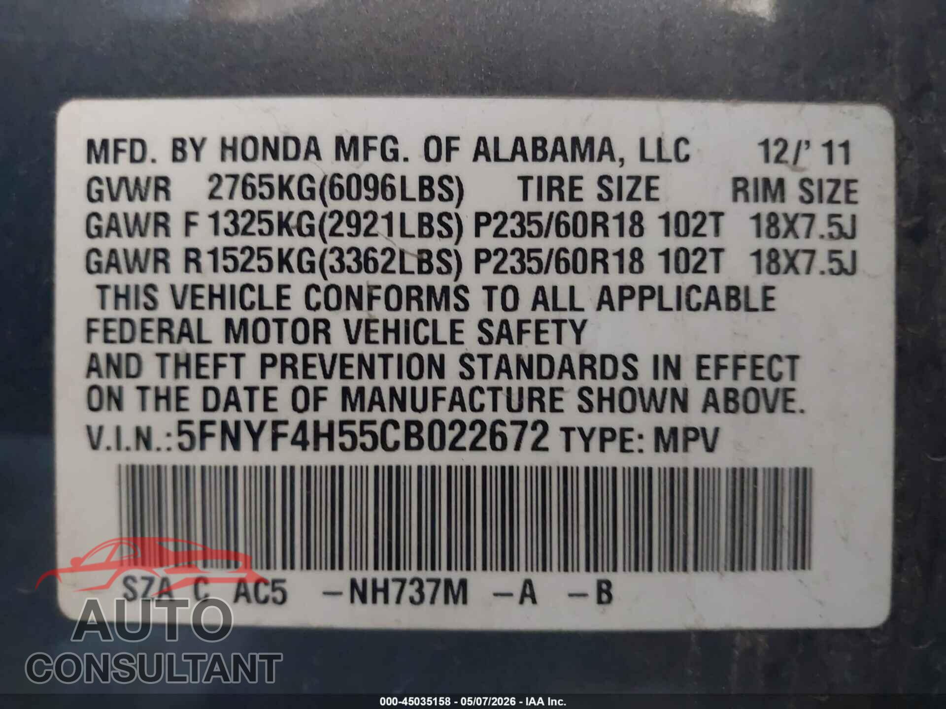 HONDA PILOT 2012 - 5FNYF4H55CB022672