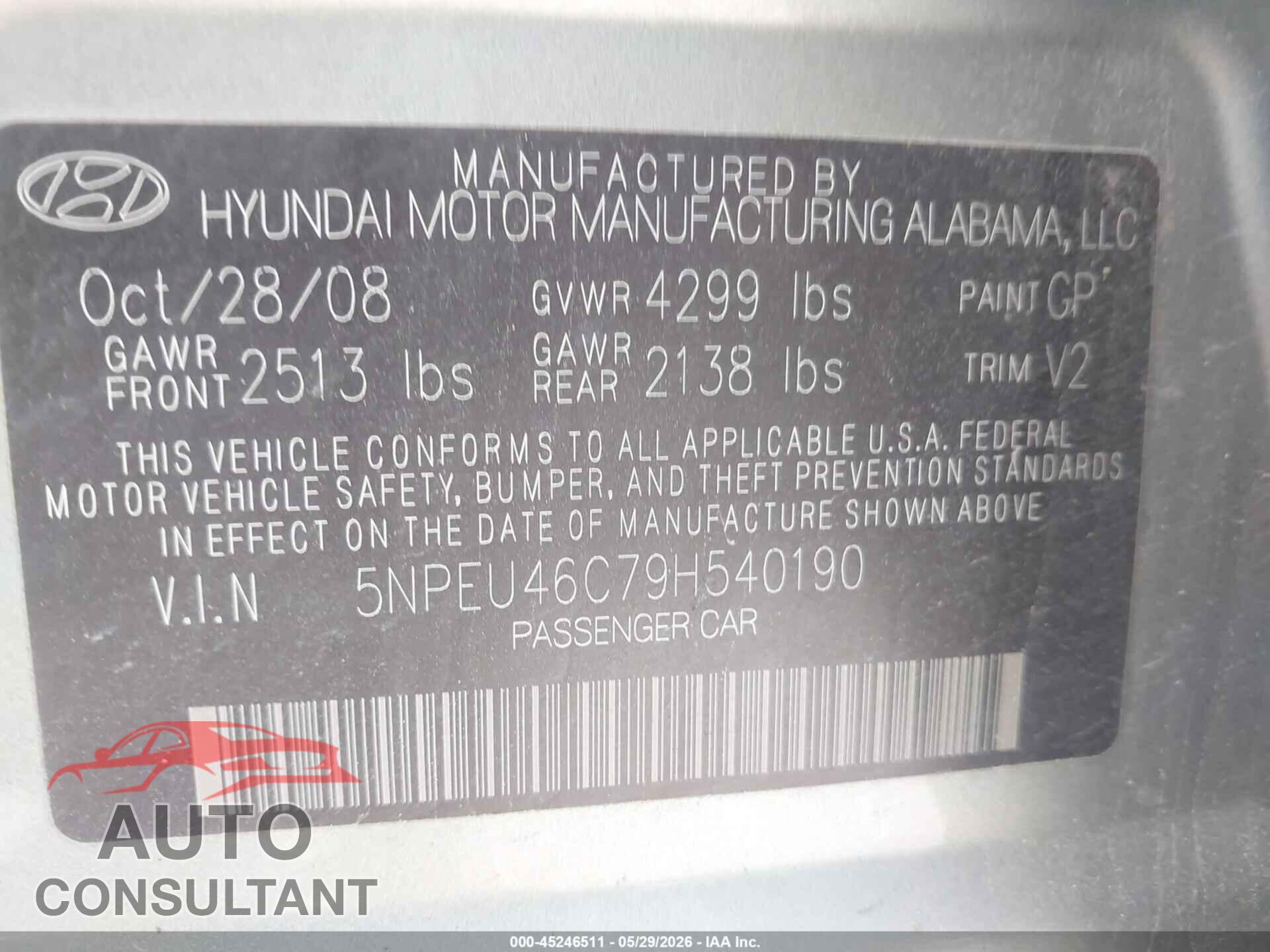HYUNDAI SONATA 2009 - 5NPEU46C79H540190