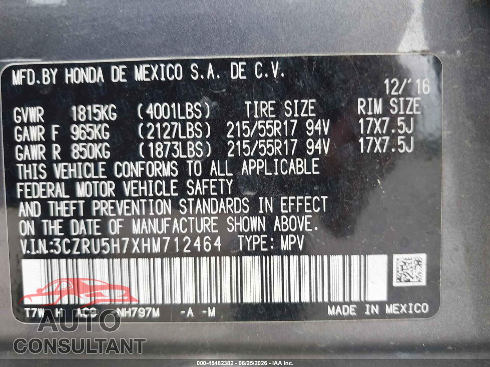 HONDA HR-V 2017 - 3CZRU5H7XHM712464