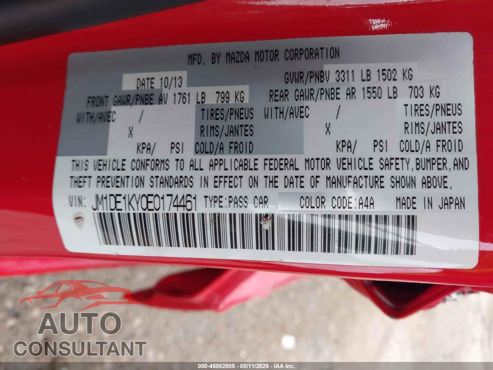 MAZDA MAZDA2 2014 - JM1DE1KY0E0174461