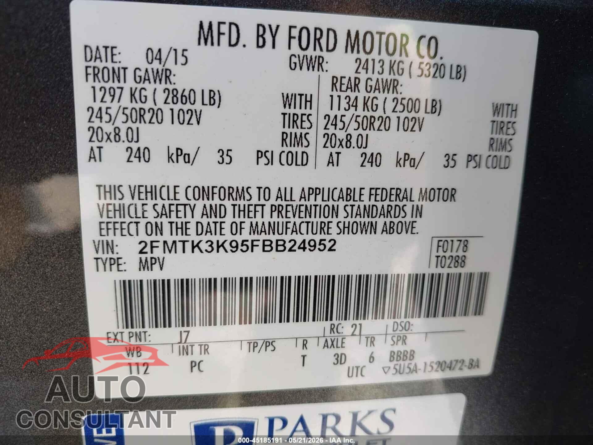 FORD EDGE 2015 - 2FMTK3K95FBB24952