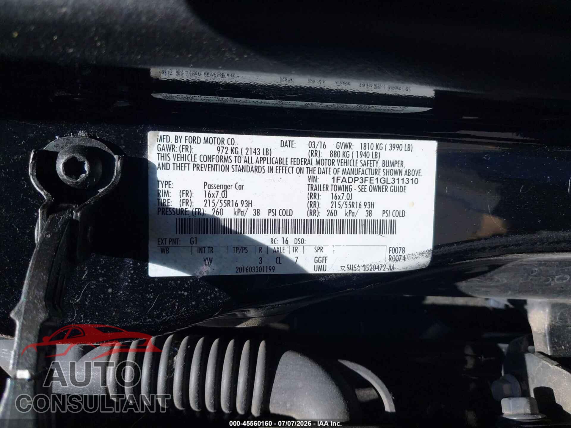 FORD FOCUS 2016 - 1FADP3FE1GL311310