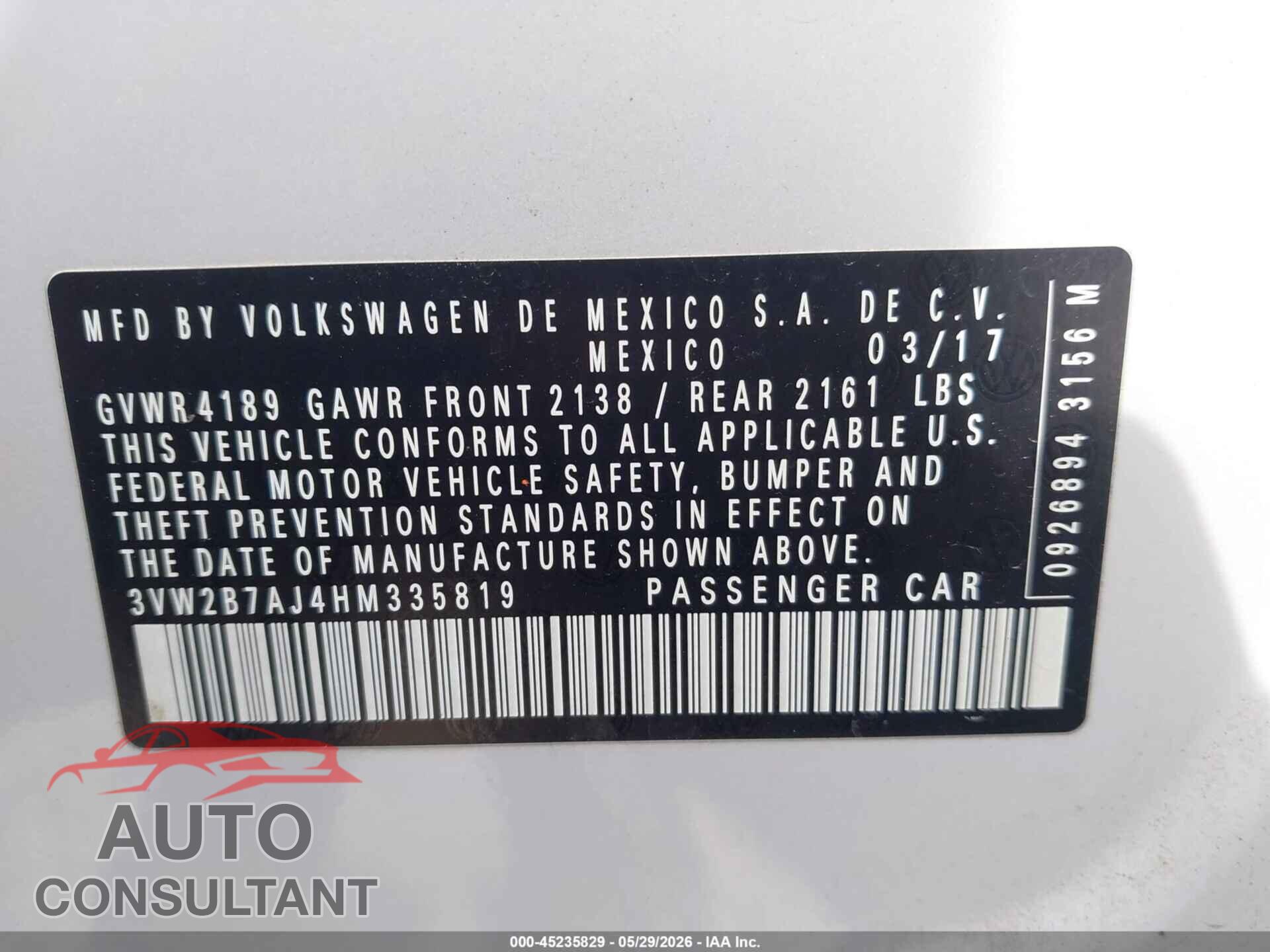 VOLKSWAGEN JETTA 2017 - 3VW2B7AJ4HM335819