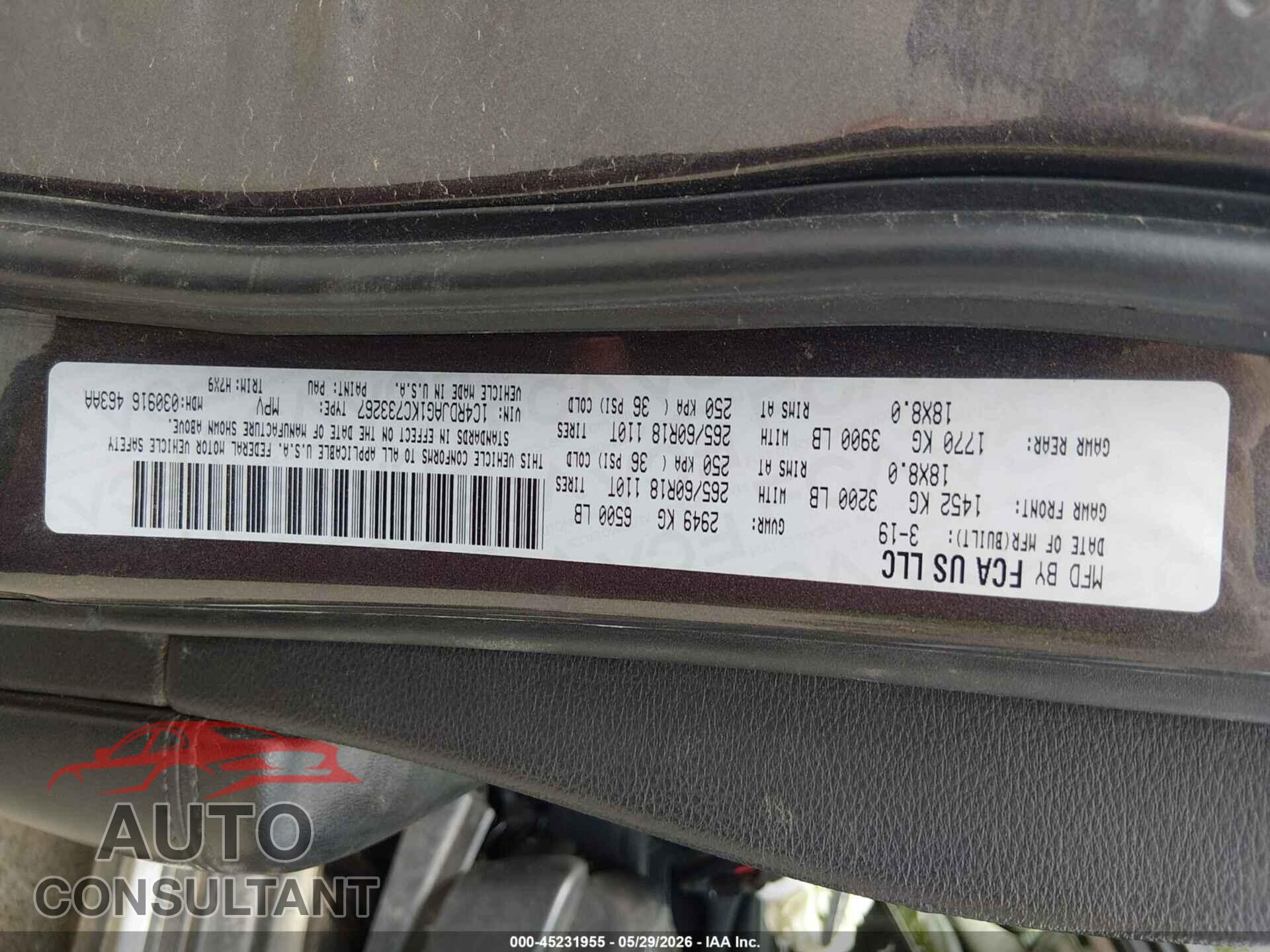 DODGE DURANGO 2019 - 1C4RDJAG1KC733267