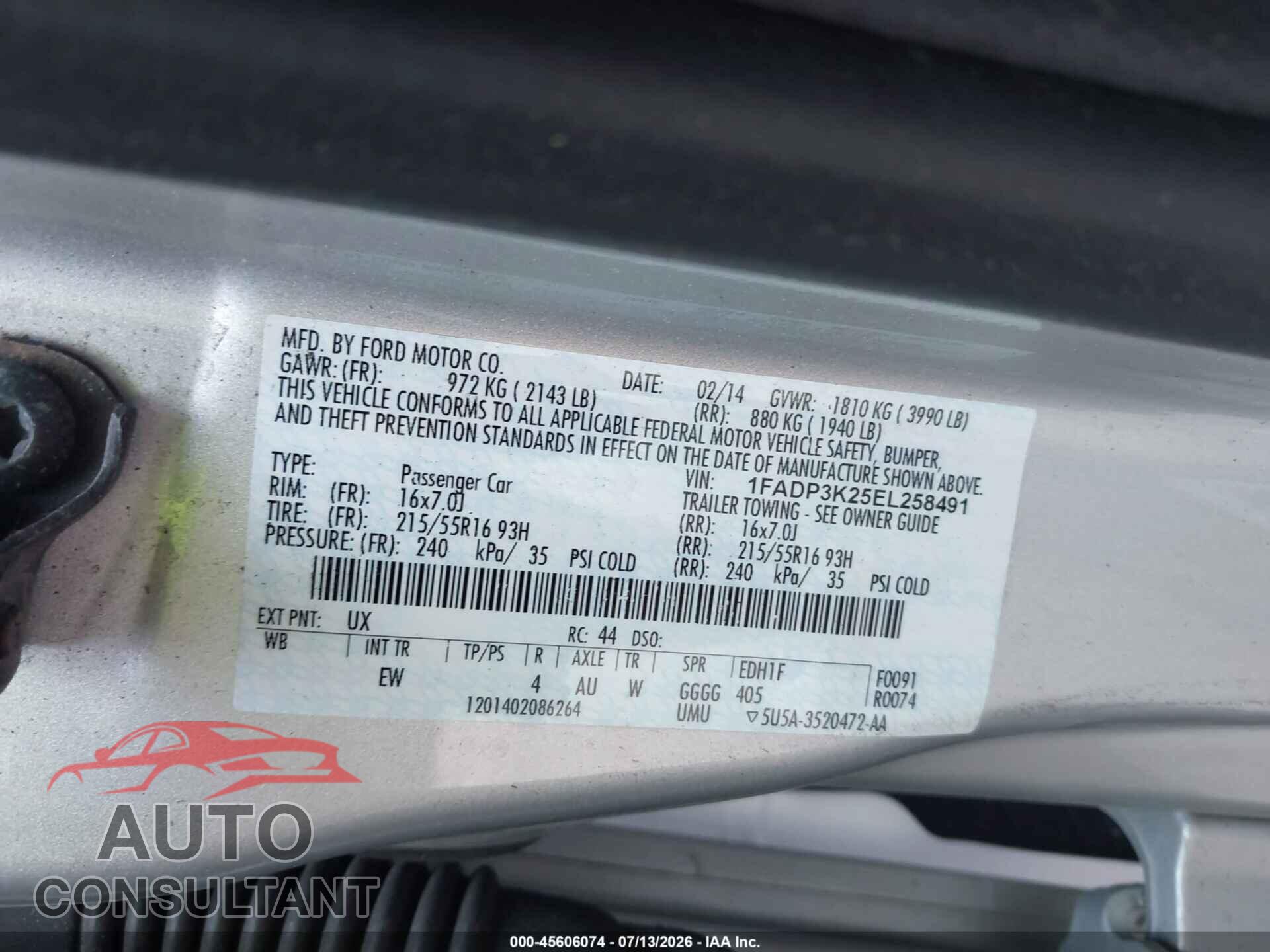 FORD FOCUS 2014 - 1FADP3K25EL258491