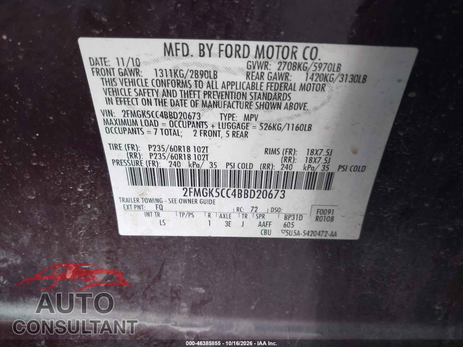 FORD FLEX 2011 - 2FMGK5CC4BBD20673