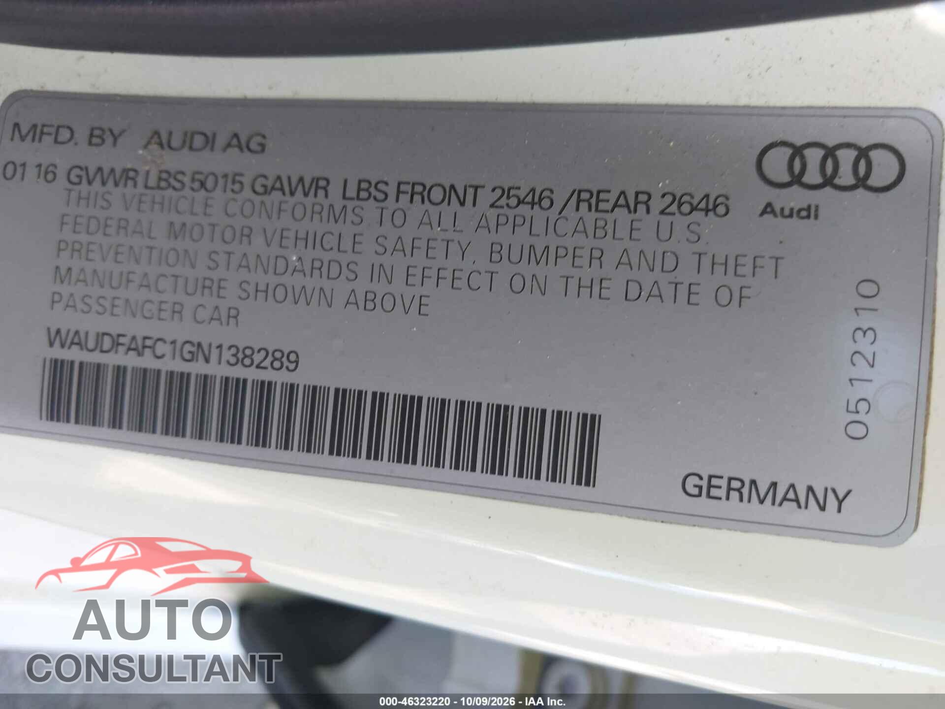 AUDI A6 2016 - WAUDFAFC1GN138289