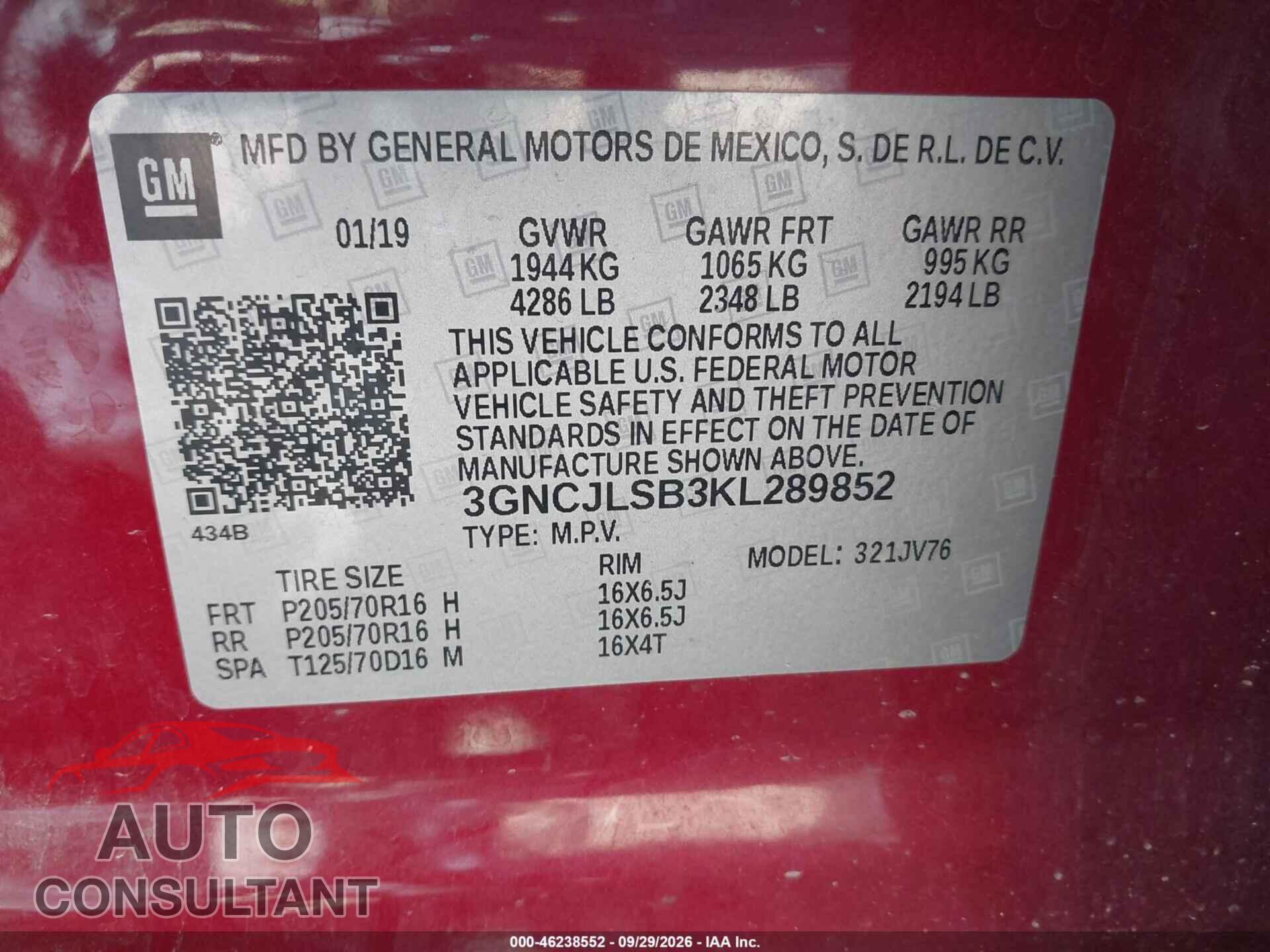 CHEVROLET TRAX 2019 - 3GNCJLSB3KL289852