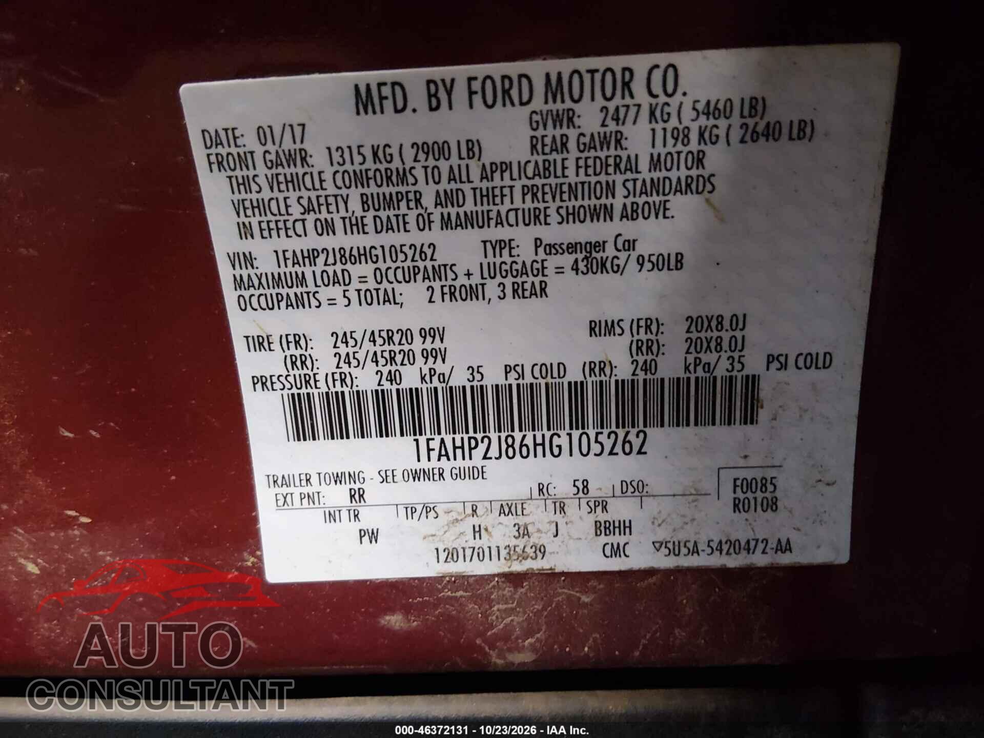 FORD TAURUS 2017 - 1FAHP2J86HG105262