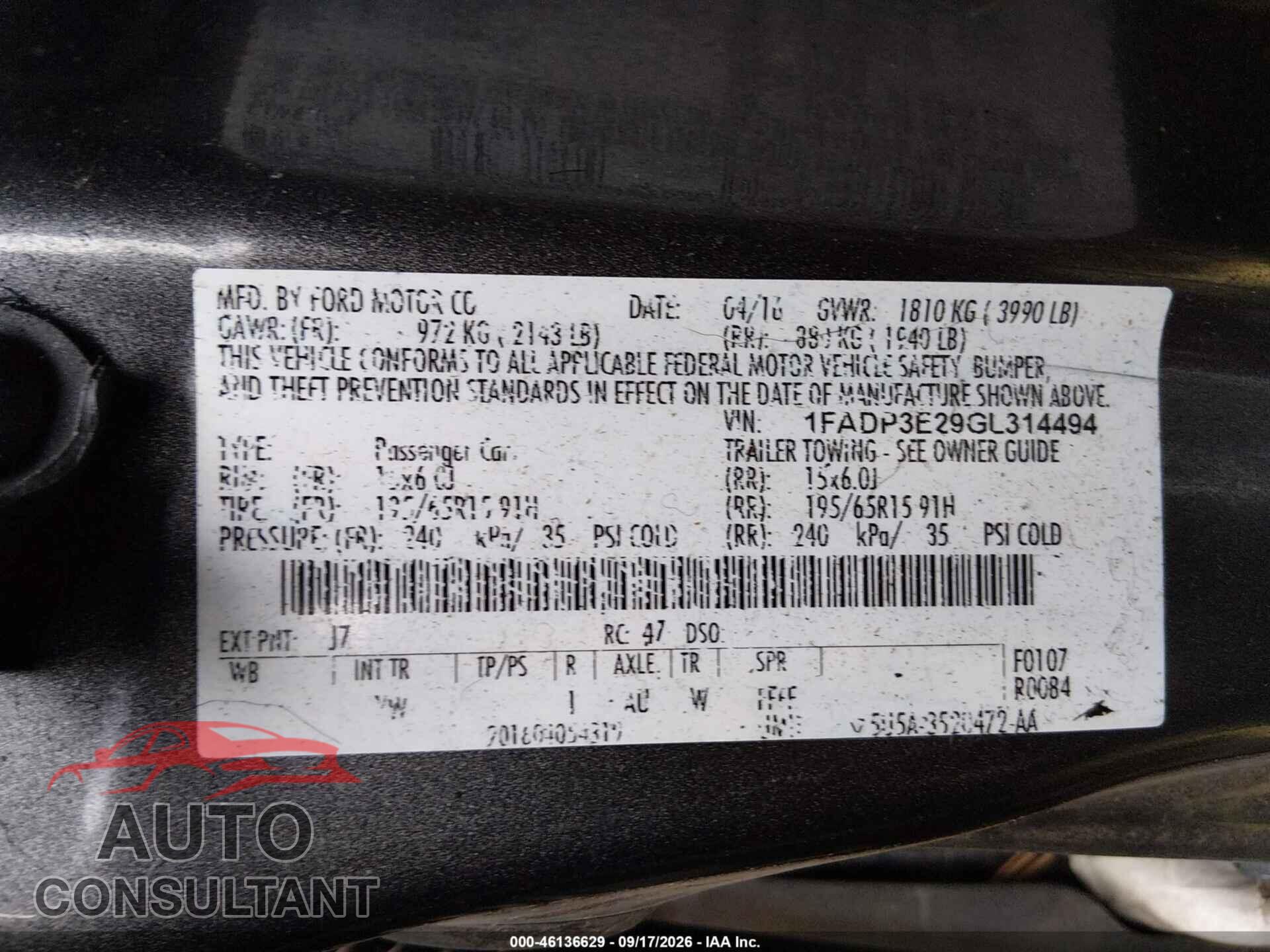 FORD FOCUS 2016 - 1FADP3E29GL314494