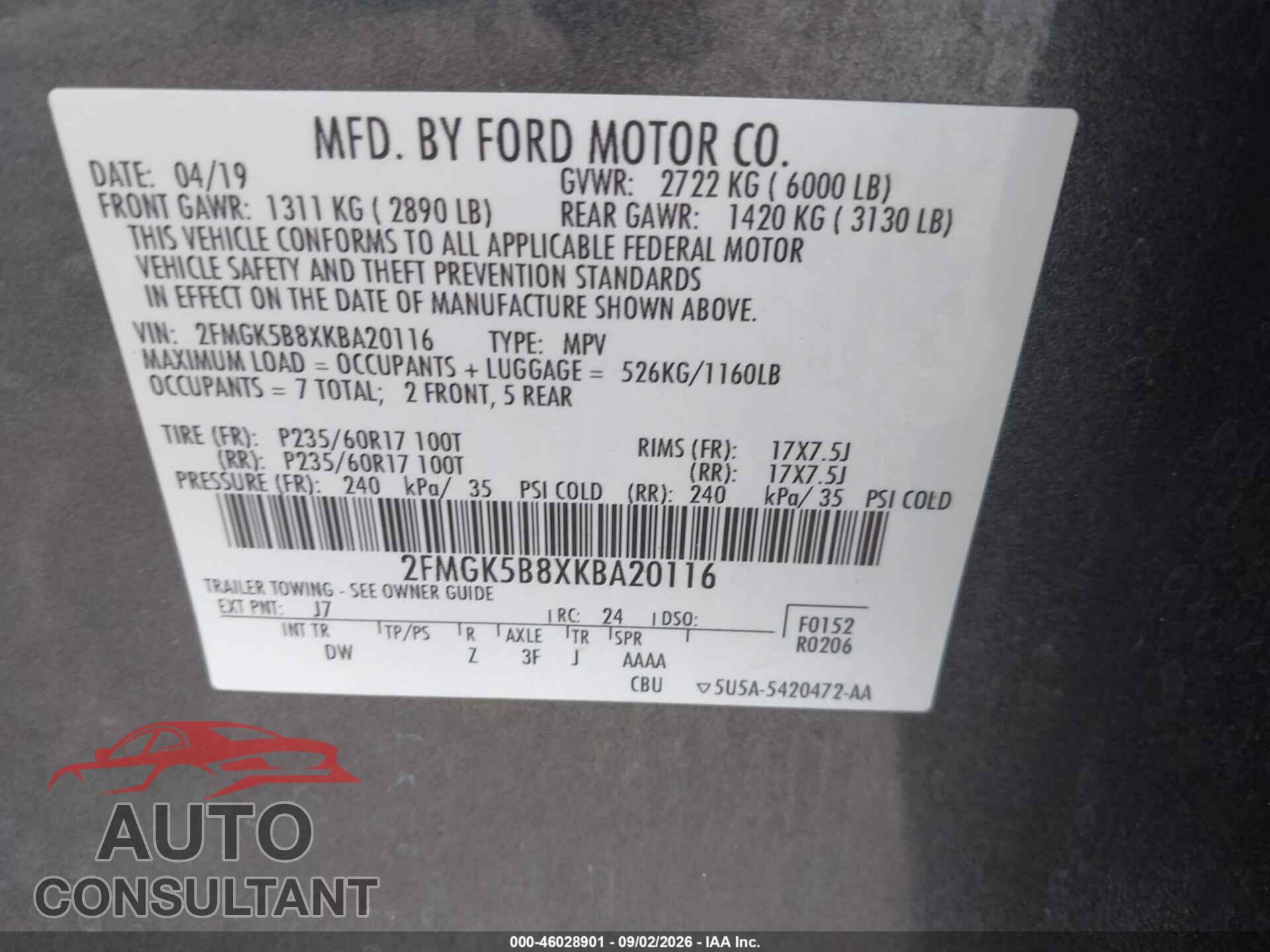 FORD FLEX 2019 - 2FMGK5B8XKBA20116