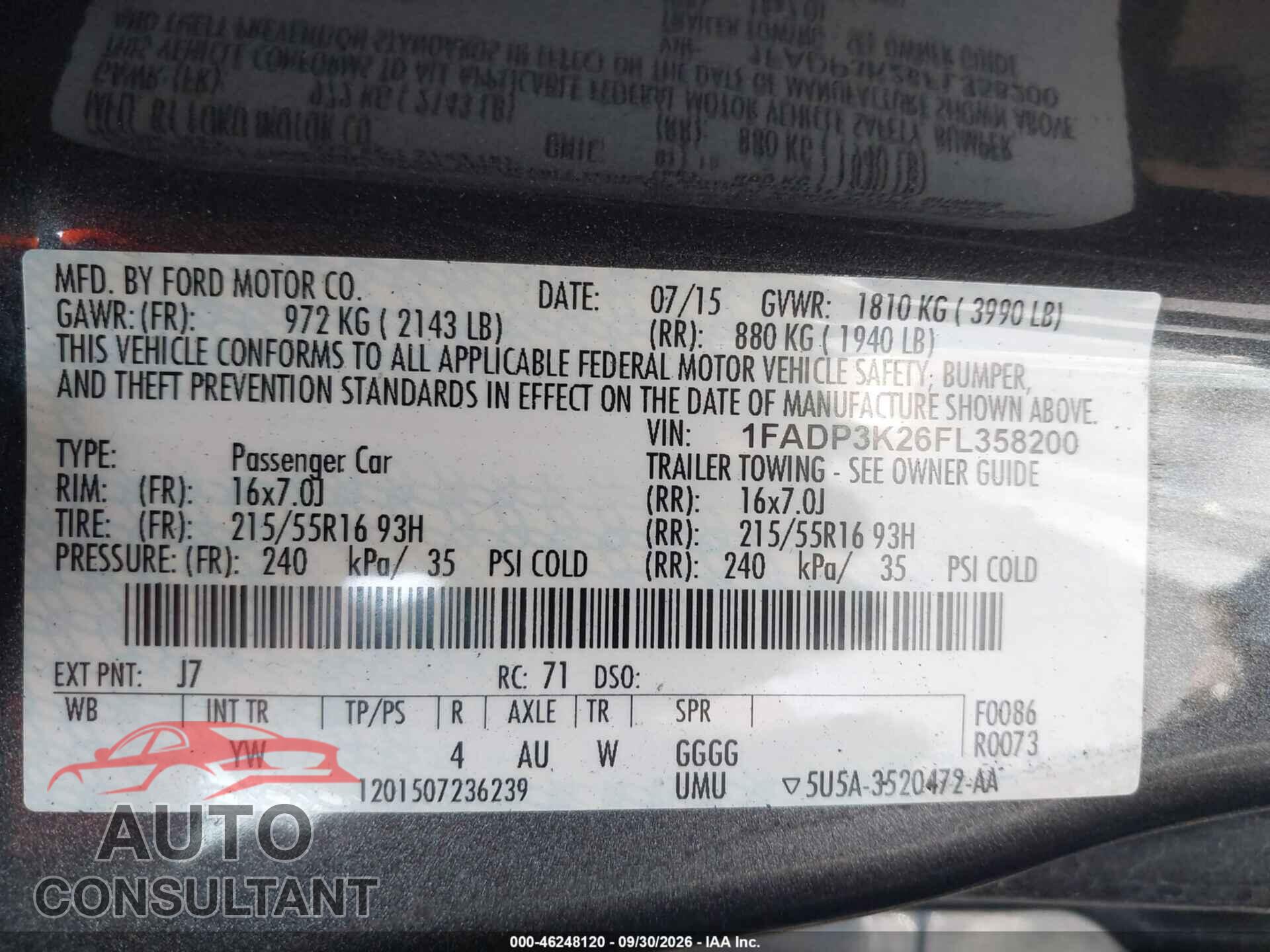 FORD FOCUS 2015 - 1FADP3K26FL358200