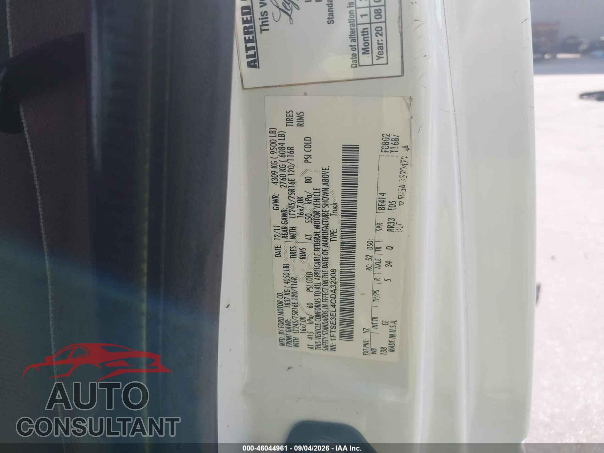 FORD E-350 SUPER DUTY 2012 - 1FTSE3EL4CDA32008