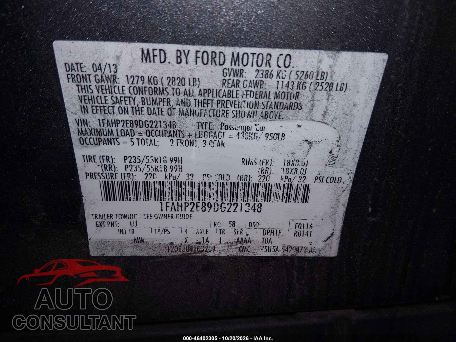 FORD TAURUS 2013 - 1FAHP2E89DG221348