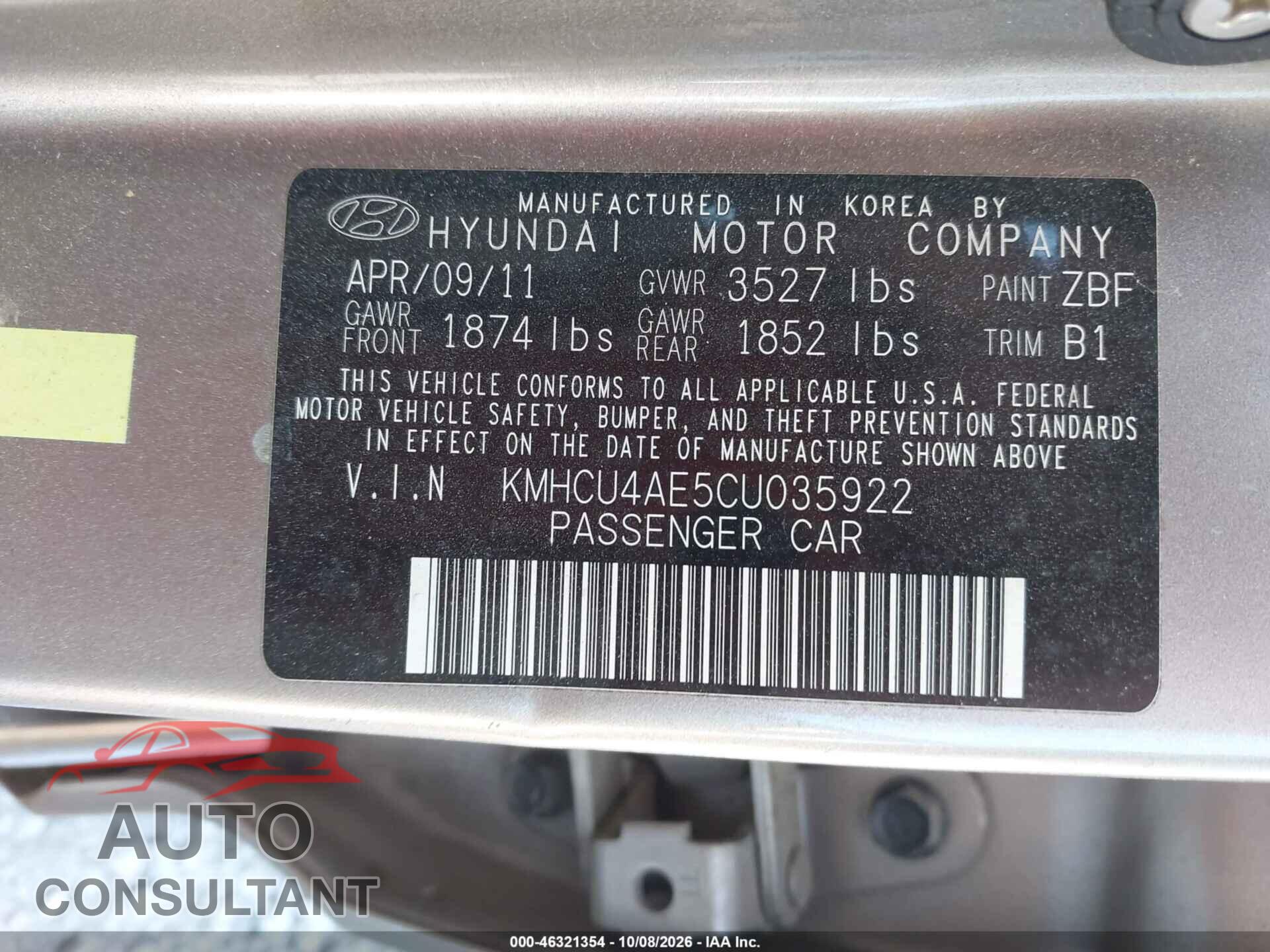 HYUNDAI ACCENT 2012 - KMHCU4AE5CU035922
