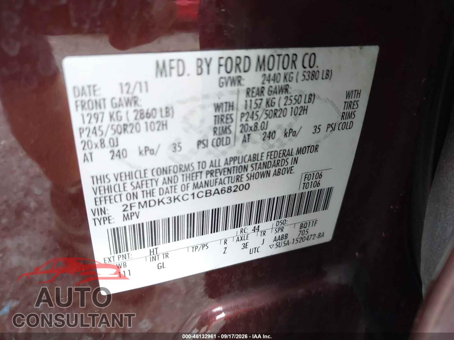 FORD EDGE 2012 - 2FMDK3KC1CBA68200